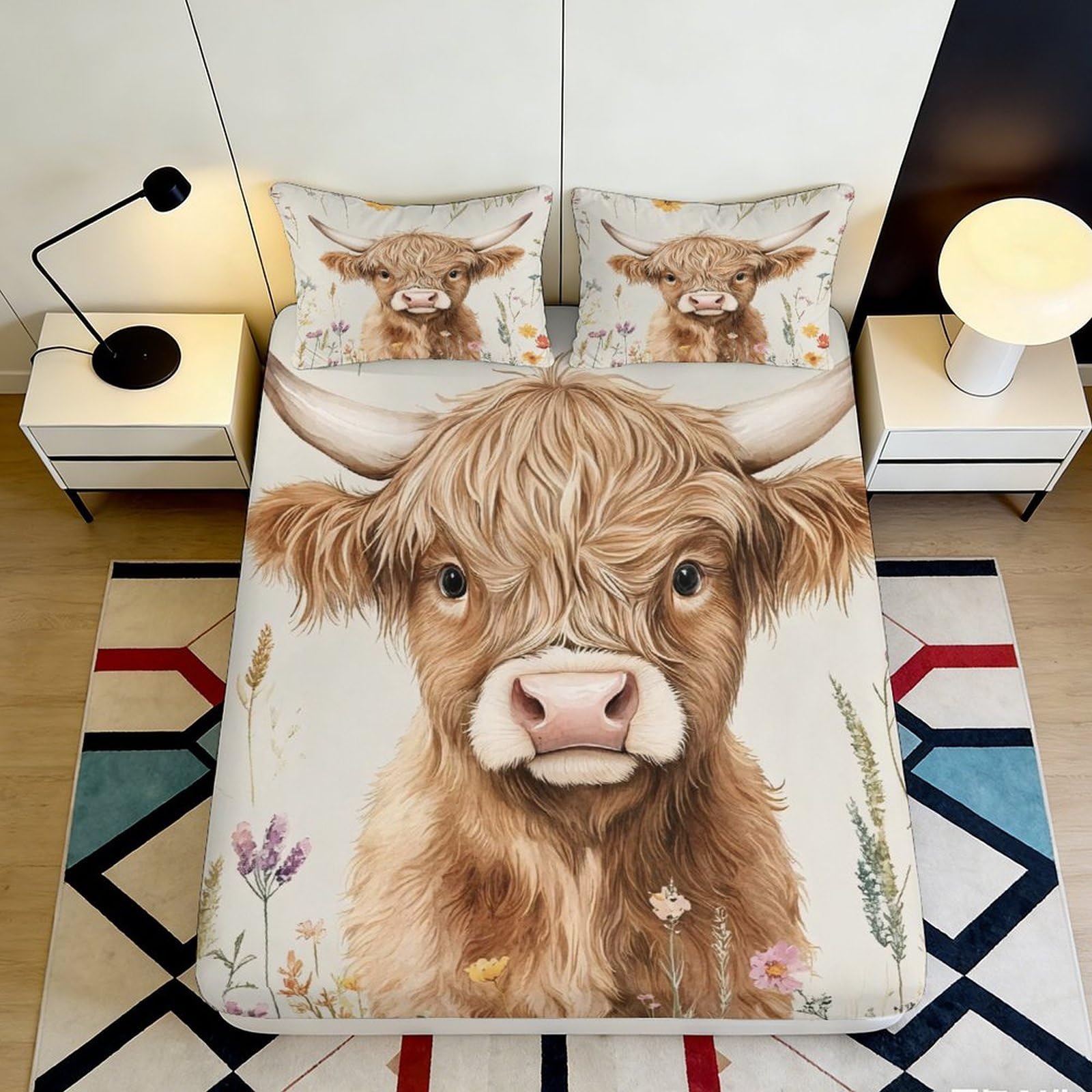 3D Printed Highland Cow Fitted Sheet Microfiber Soft Durable 3D Printed Highland Calf Mattress Cover for Bedroom Dormitory Guest Room Bedding 140x200x25cm