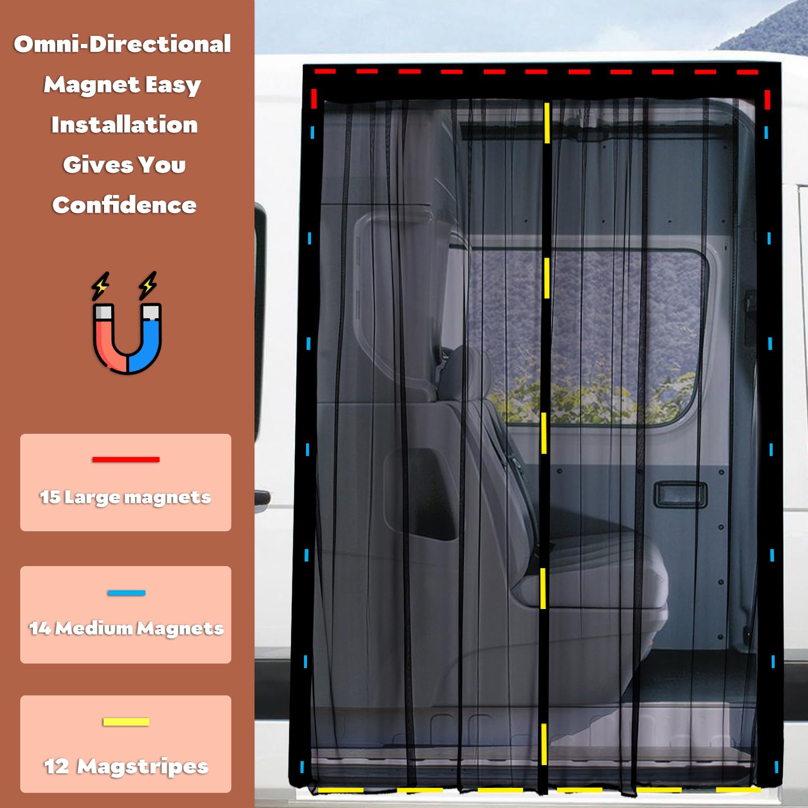 Mosquitera magnética para furgoneta, mosquiteras para coche, imanes Universa, cierre magnético central, autocaravanas, puerta lateral/maletero, ventilación, 180 x 150 cm