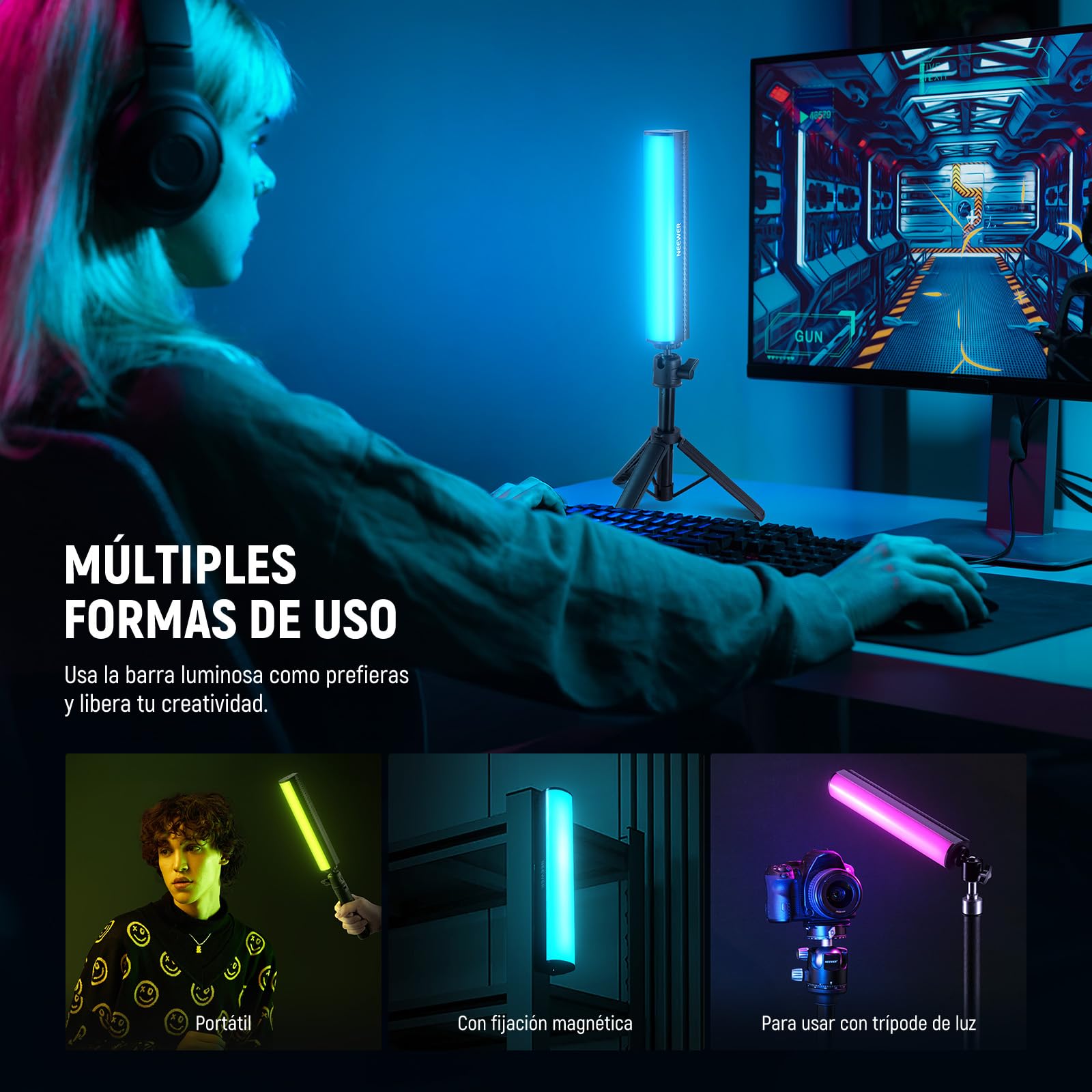NEEWER RGB Varita Luz con Trípode Escritorio, App Control Magnética Manual Barra Luz Vídeo, 2500K-8500K Regulable CRI95+ 17 Escenas Barra Luz Tubo LED a Todo Color para Vlog, 2550mAh Batería, TL21C