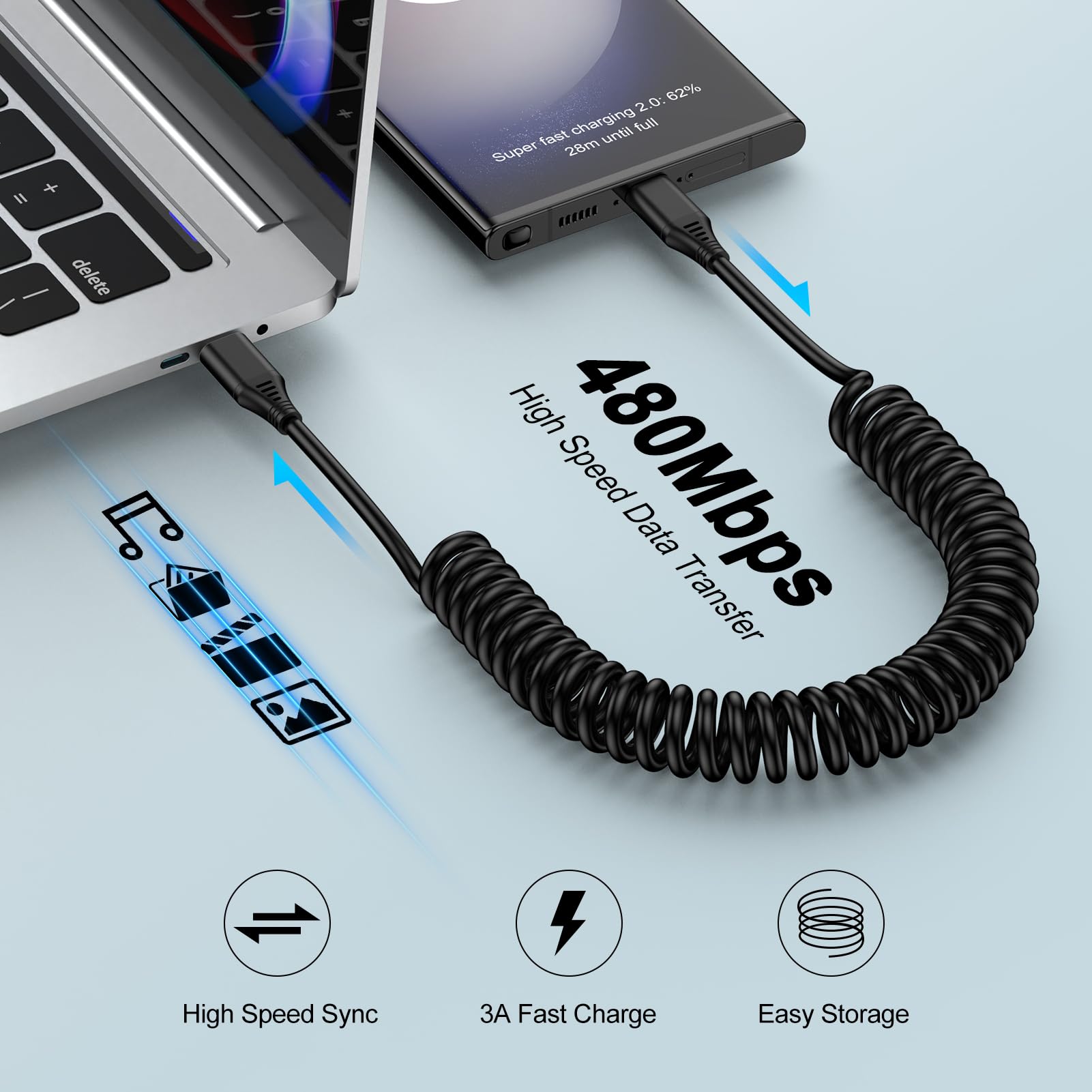 Cavo USB C a spirale Cavo caricabatteria per auto 66W 5A Cavi dati per telefono cellulare a ricarica super rapida Cavo retrattile per auto Android  202192403