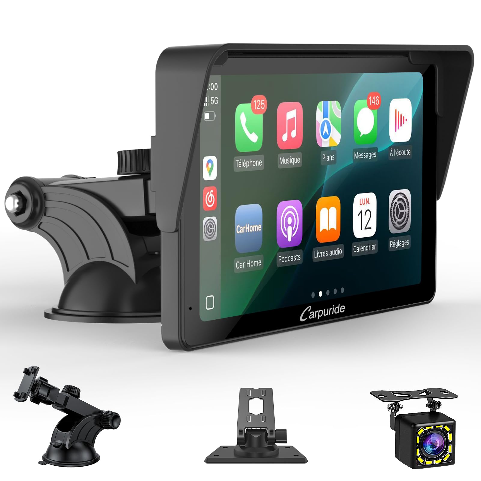 Écran Carplay Portable, Carpuride V3R sans il Airplay&Android Auto, écran Tactile HD 1080P 7 Pouces avec caméra de recul 720P réelle/BT 5.0/Mirror Link/Lecture USB/Puce de réduction du Bruit AUX