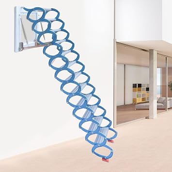 Pull Down Attic Stair - 12 Steps Alloy Access Ladder, Wall-Mounted Folding Stairs for Garage Basement, Retractable With Handrails, Blue