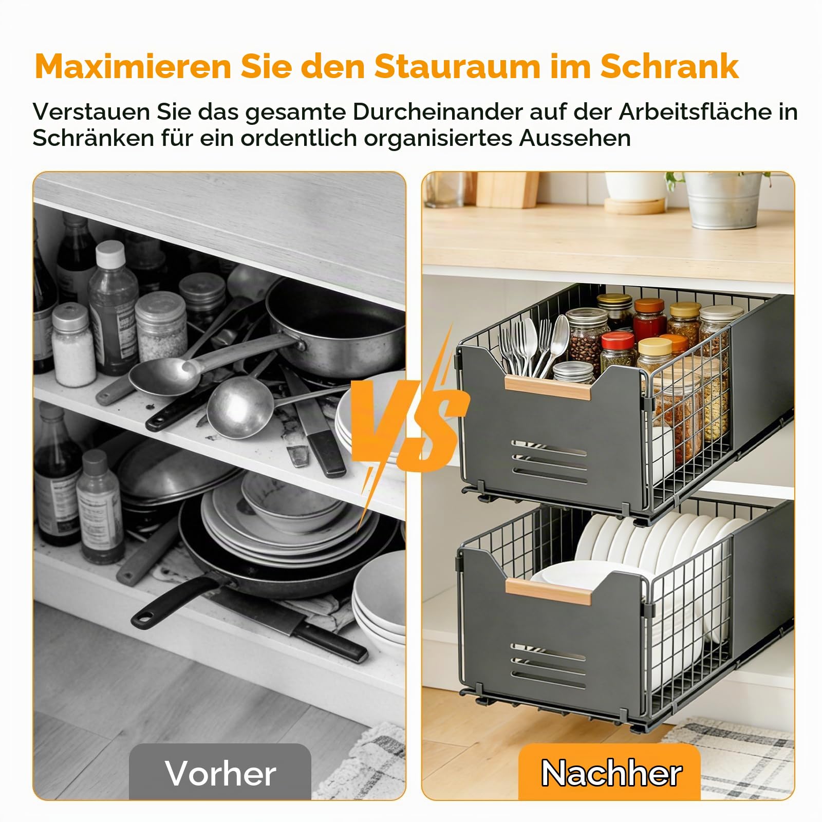 Romon Teleskopschublade, 2er Set Ausziehbare Schublade Küche aus Hochwertigem Carbonstahl Grau 37.5x24.5x19cm für Küchenschränke für Speisekammer und Badezimmer