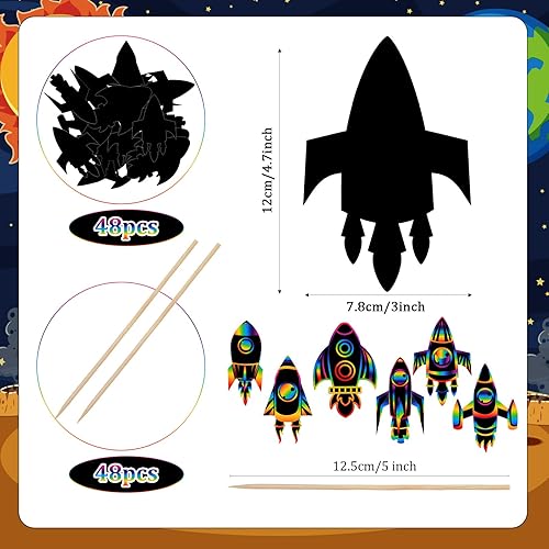 Miniatura 2 de Liliful 48 tarjetas rascadoras de cohetes para niños, temática espacial, fiestas, manualidades, tarjetas de papel, recuerdos artísticos para