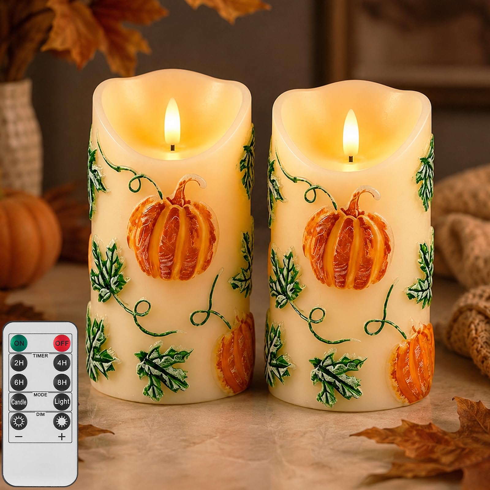 Halloween Flameless Candles Light, 2Pack Pumpkin LED Candle with Remote & Timer, Dimmable Real Wax Electric Candles Battery Operated, Candle for Halloween Autumn Decorations (Orange Pumpkin) โ image 1