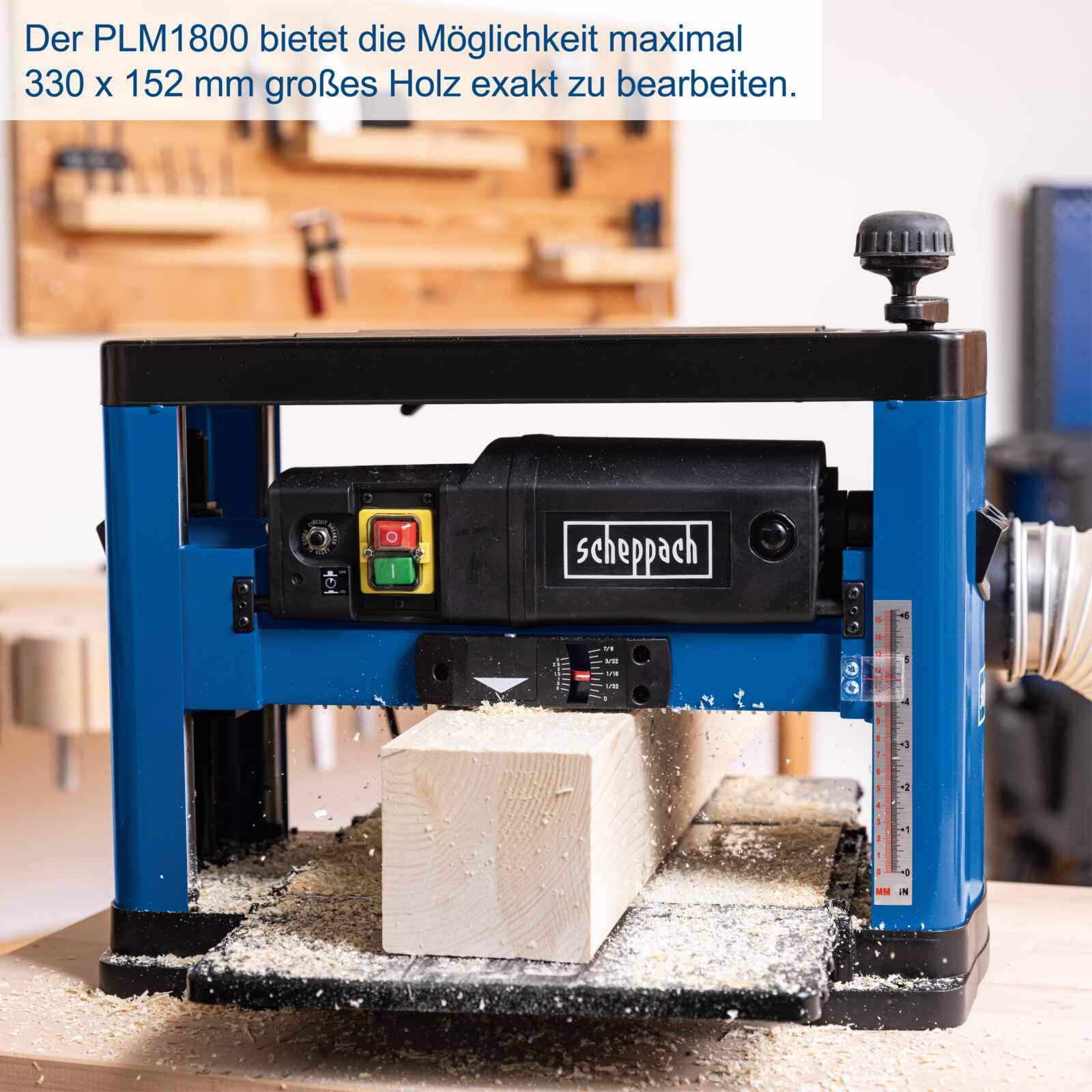 Scheppach Strugarka grubościowa PLM1800 (1500 W, 2 ostrza strugowe, prędkość obrotowa wału strugania 8500 min-1, wysokość / szerokość przelotu: 152 mm/330 mm, pobór wiórów maks.: 2,8 mm)