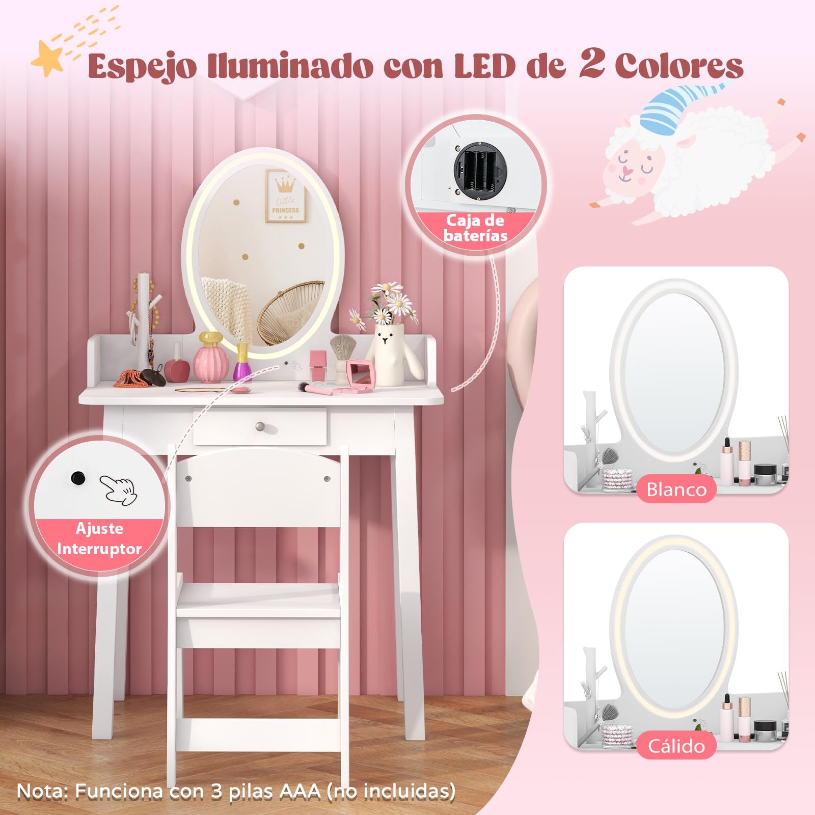 RELAX4LIFE Tocador de Maquillaje Niña 2 en 1 con Espejo Extraíble, Luces LED 2 Colores y Taburete, Blanco