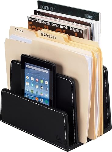 Miniatura 3 de MobileVision Carpeta de archivos de escritorio ejecutiva negra bandeja de papel y organizador de dispositivos 5 divisores de ranura