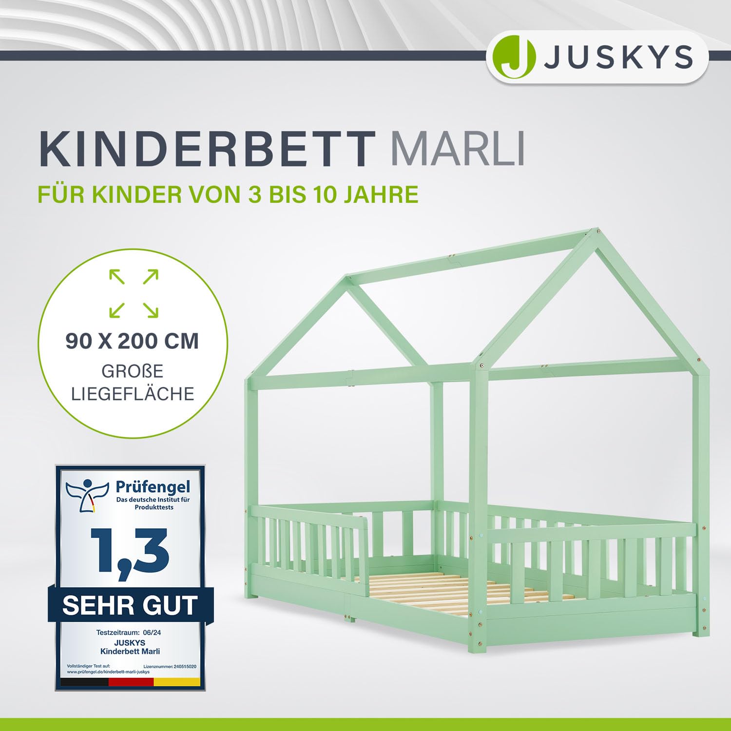 Juskys Cama infantil Marli 90 x 200 cm con barrera anticaída, somier de láminas y techo - Cama caseta de madera maciza para niños - Color menta