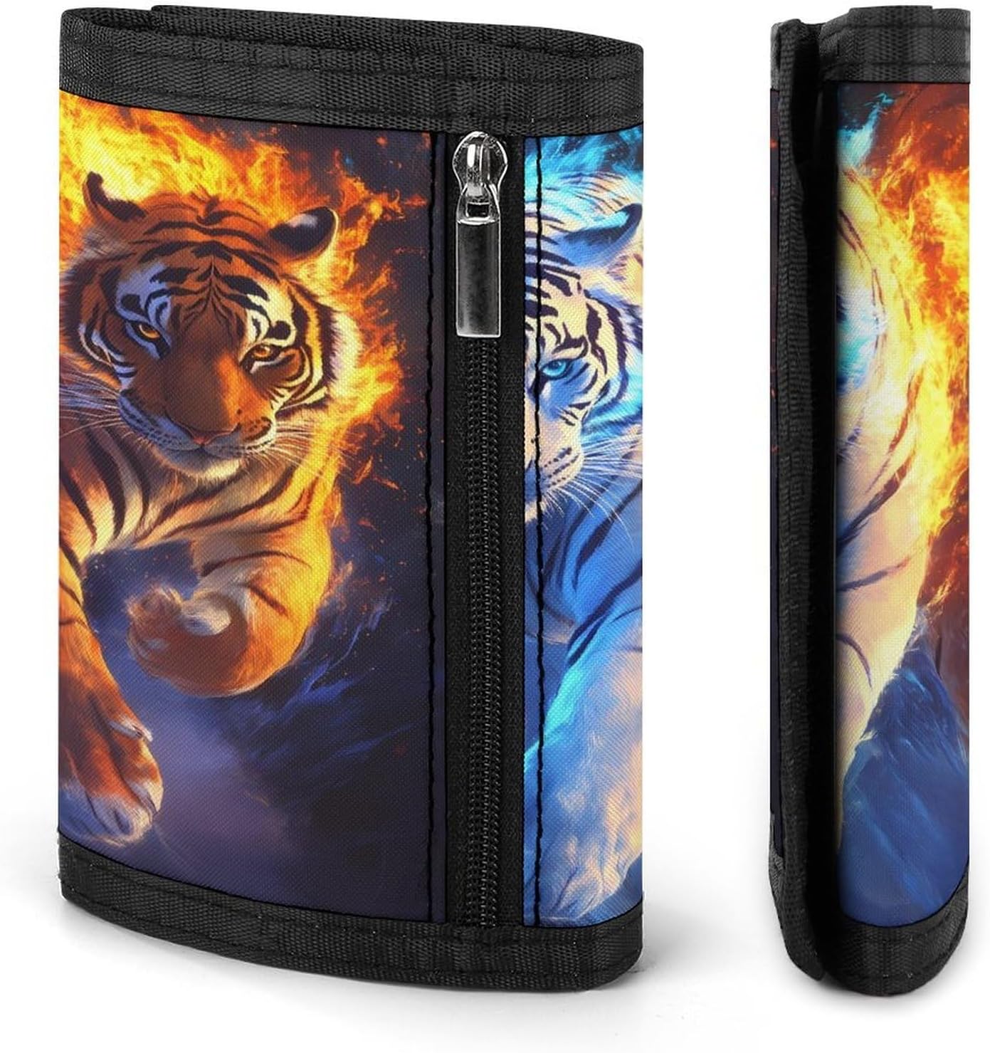 Two Tigers Flame Trifold Slim Wallet Front Pocket With Money Clip And ID Credit Card Slots For Travel Work