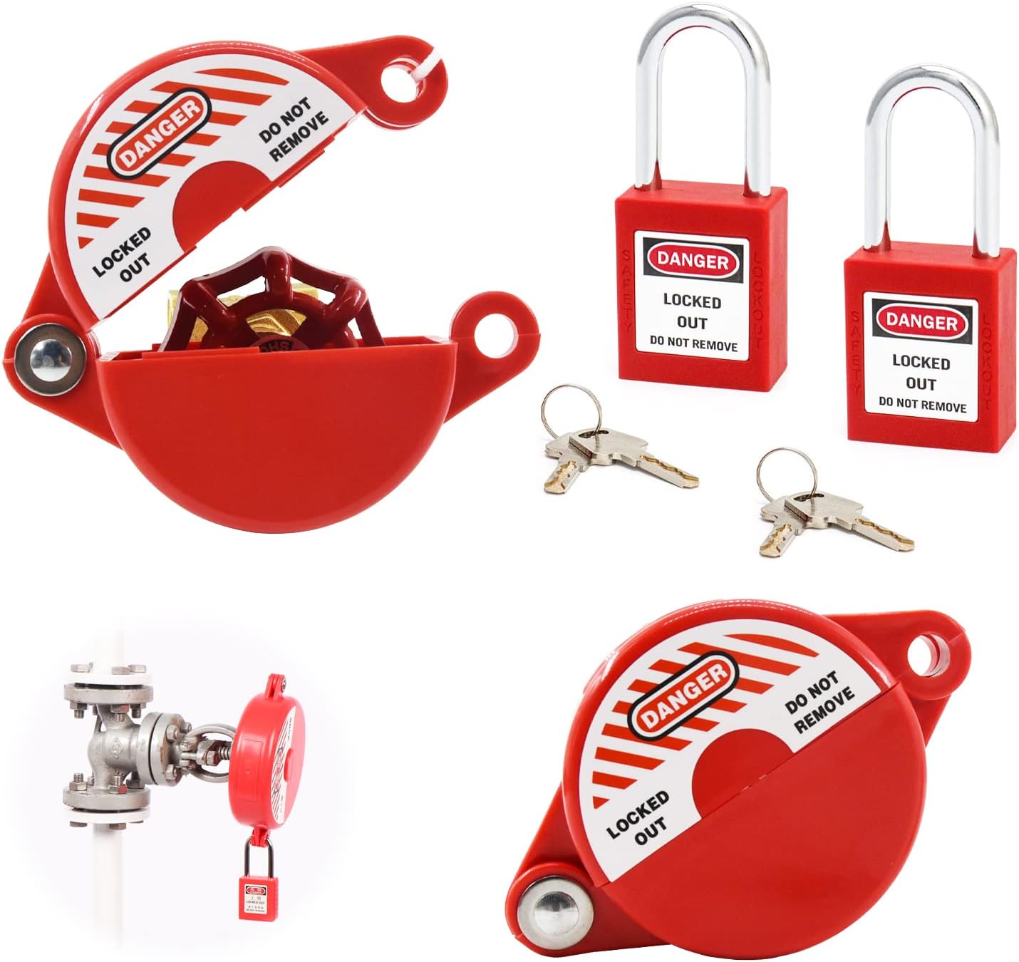 Gate Valve Lockout and Safety Padlock, 2Sets, Hose Bib Lock for Outdoor Faucet Knob/Water Spigot/Propane Tank, 1 to 2-1/2 in Dia Valve Handles, Plastic Red Secure Locks Device for Outside Garden Valve