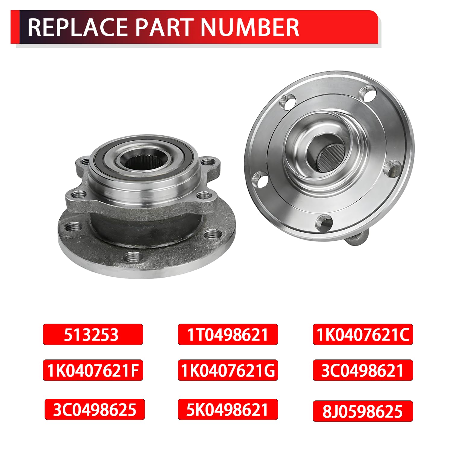 513253 Front Wheel Bearing Hub Assembly Compatible with Audi A3 Q3 TT, Volkswagen Beetle Passat Golf Jetta Tiguan CC Rabbit, Replaces 1T0498621 (1 Pair)