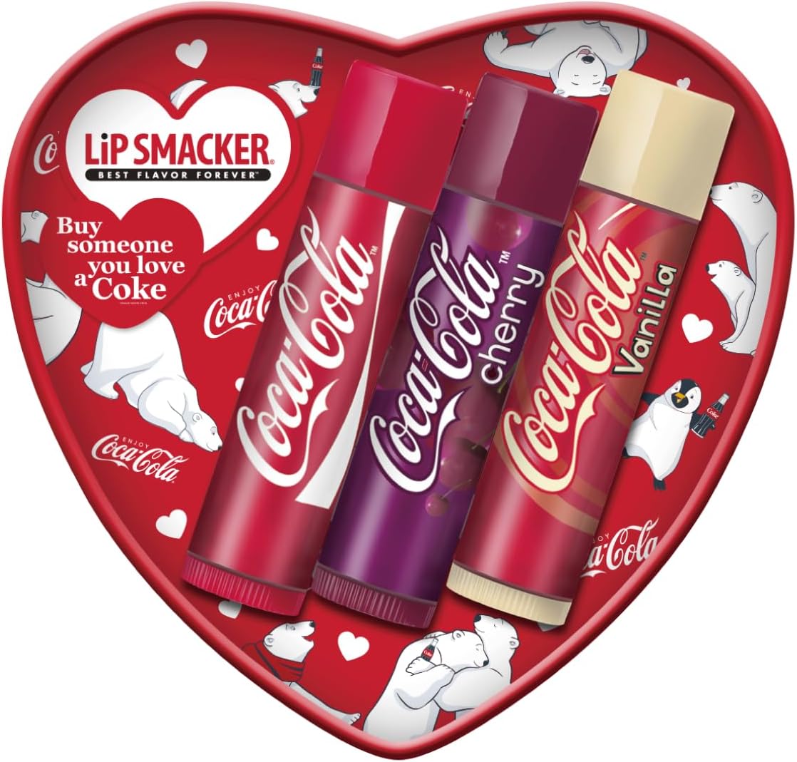Lip Smacker Coca-Cola Heart Zestaw balsamów do ust, 3 balsamy do ust dla dzieci o oryginalnym smaku Coca-Coli, transparentna i nawilżająca formuła