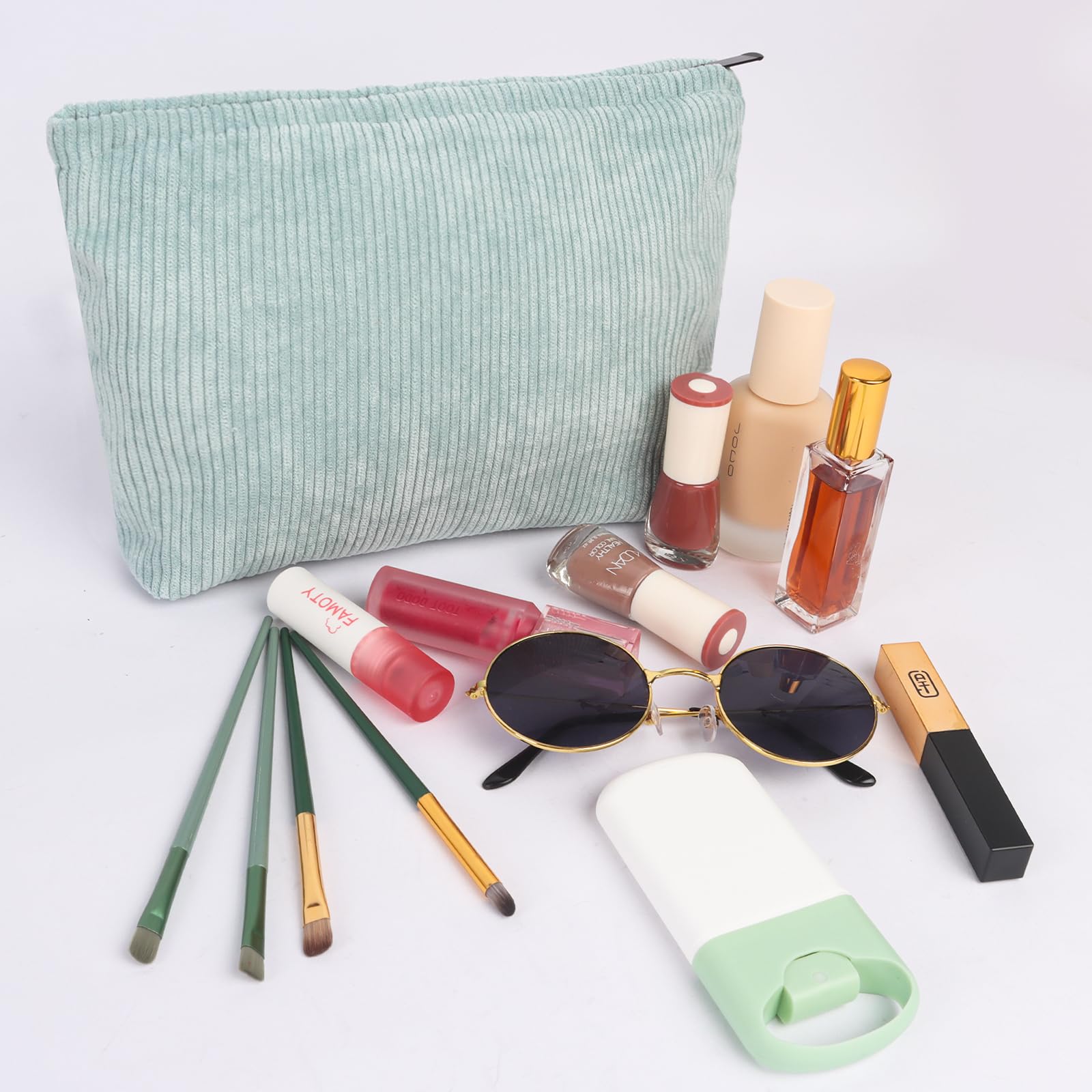 Small Make up Bags for Women - Blue Corduroy Makeup Bag Purse - Large Capacity Zipper Travel Cosmetic Bags for Toiletries - Image 3