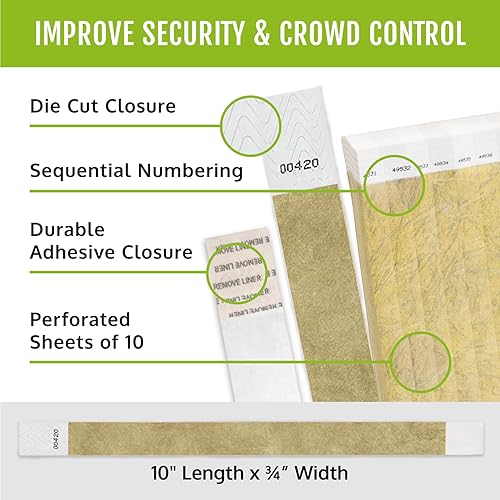 Miniatura 2 de 400 pulseras Tyvek Wristco para eventos, paquete variado de 8 colores, diseño a prueba de manipulaciones que evita la reutilización, pulseras de