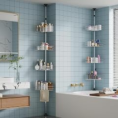 Takywep Corner Shower Caddy Tension Pole 4-Tier Rustproof Bathroom Shelves with Built-In Towel Bars 75-110 Inch Adjustable Bathtub