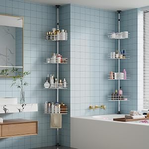 Takywep Corner Shower Caddy Tension Pole 4-Tier Rustproof Bathroom Shelves with Built-In Towel Bars 75-110 Inch Adjustable Bathtub
