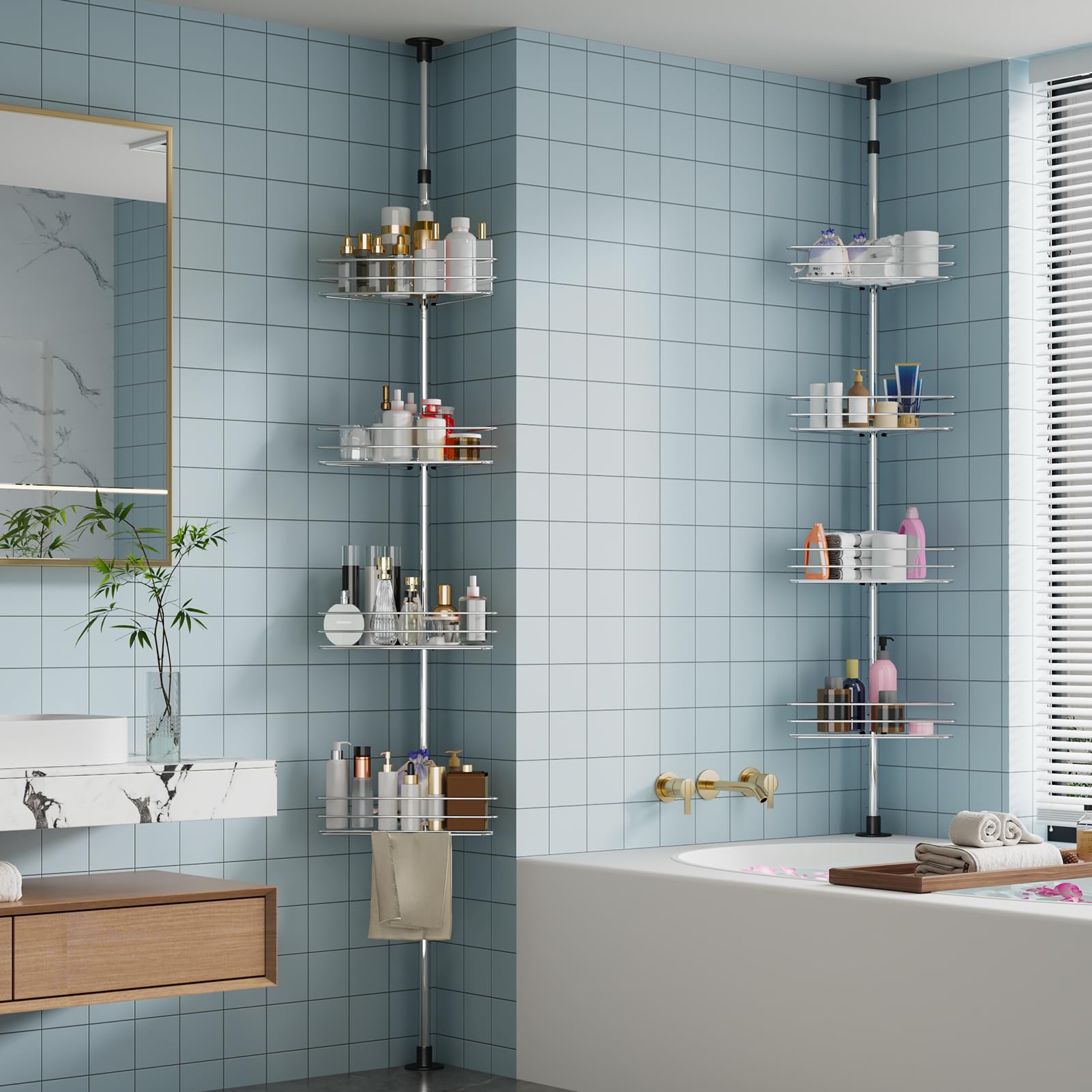 Takywep Corner Shower Caddy Tension Pole 4-Tier Rustproof Bathroom Shelves with Built-In Towel Bars 75-110 Inch Adjustable Bathtub