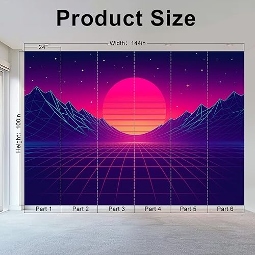 Miniatura 2 de Mural de pared Peel & Stick Synthwave de los años 80, paisaje con cuadrícula azul, montañas, sol, arcade, espacio, papel tapiz autoadhesivo