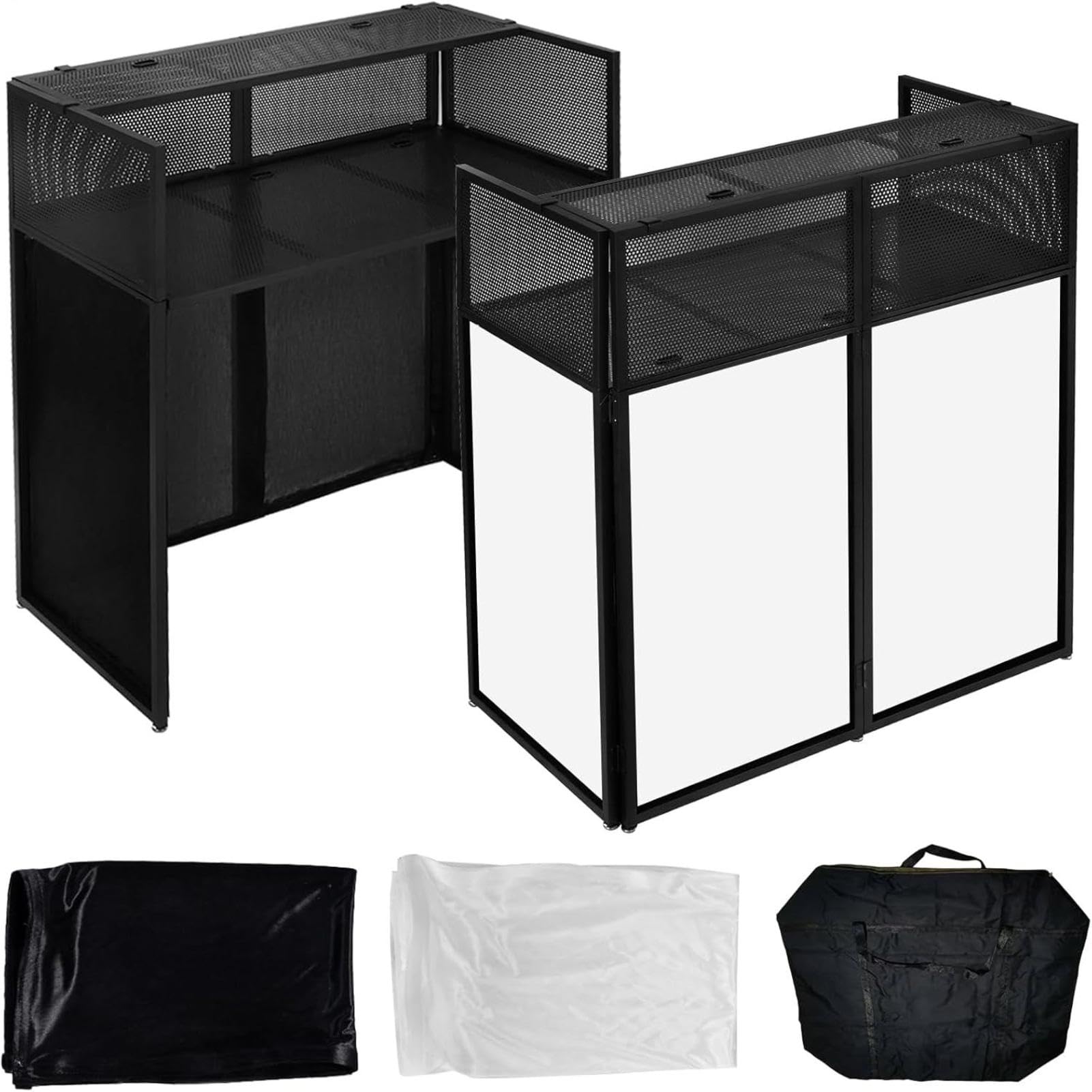 Portable DJ Facade Booth 40"x20" Foldable Metal Frame, Black & White Lighting Scrims, Adjustable Feet, DJ Controller Stand & Table Station with Carry Case