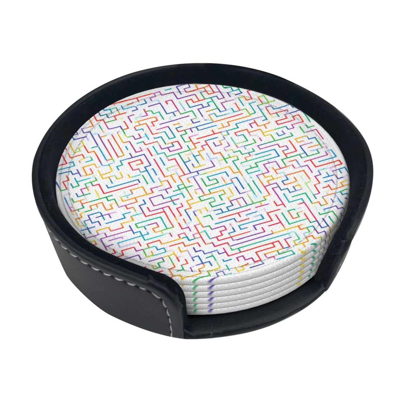 Line Maze Leather Coasters-Set of 6 with Storage Holder