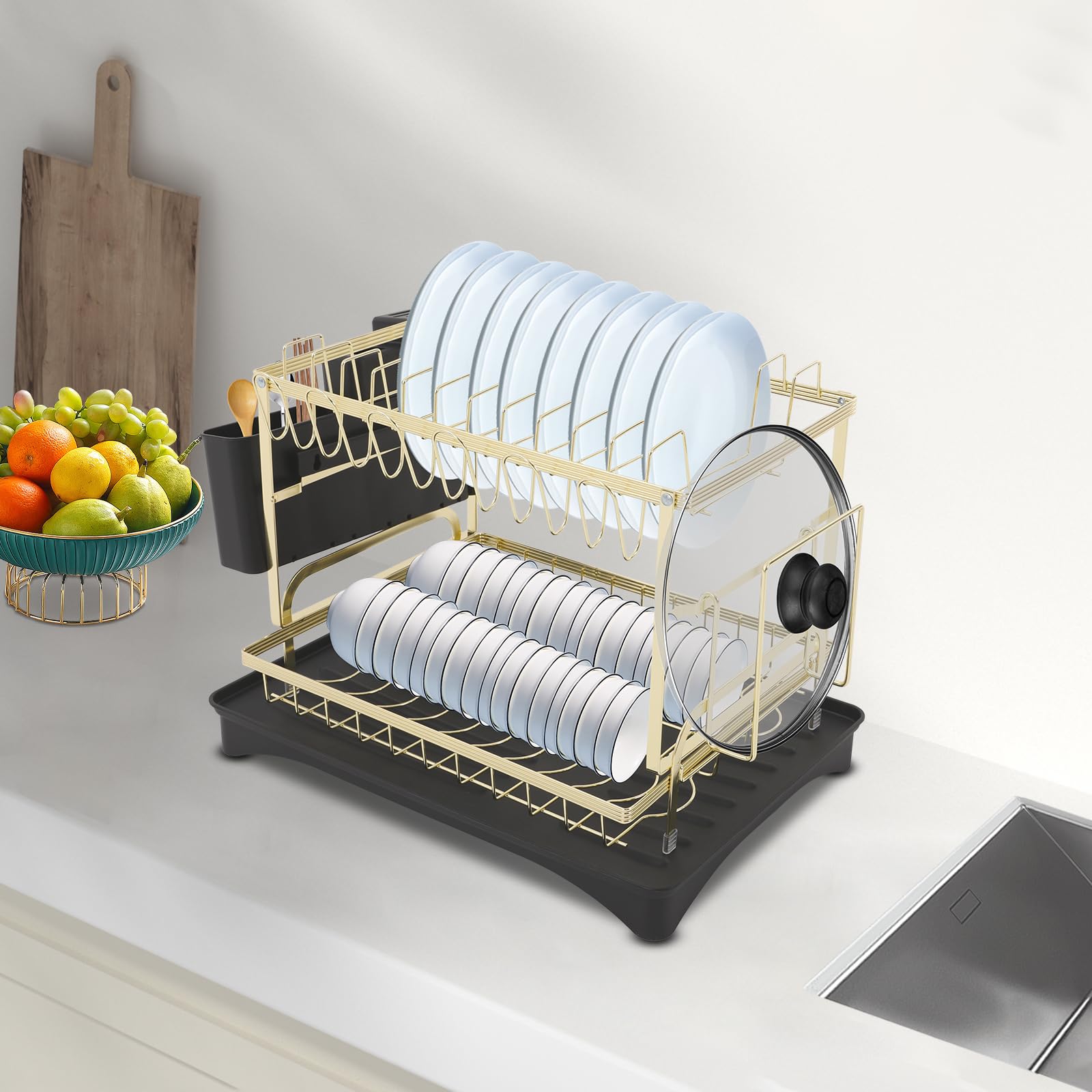 Bandeja de goteo de 2 niveles, escurreplatos de metal con soporte de plástico para utensilios de cocina, escurridor para platos, tabla de cortar negro+dorado, 42 x 30 x 29 cm