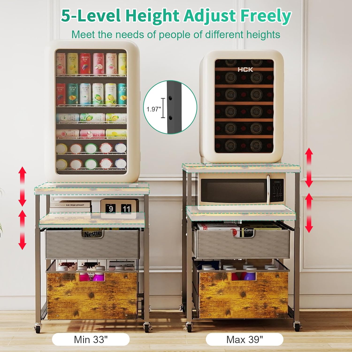 Hadulcet 4-tier Mini Fridge Stand with Storage Drawer - Rolling Fridge Cabinet with Wheels, Heavy Duty 21.6"L* 22.8"W Fridge Cart, Sturdy Metal Frame, for Home, Apartment, Office, Dorm, Rustic Brown