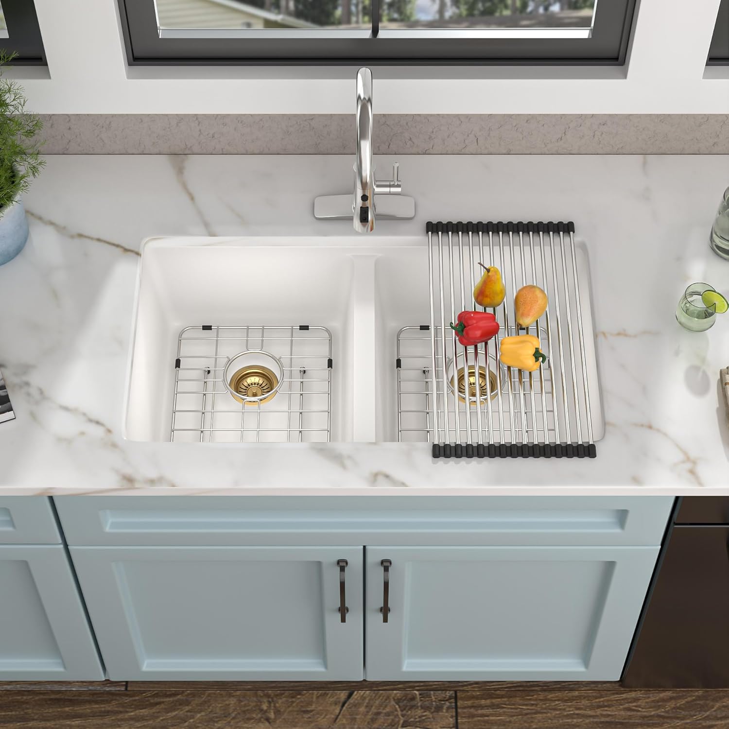 33 Granite Composite Kitchen Sink Double Bowl - Fulorni 33"x19" Granite Kitchen Sink White Undermount Double Bowl 50/50 Quartz Classic Composite Under Counter Basin