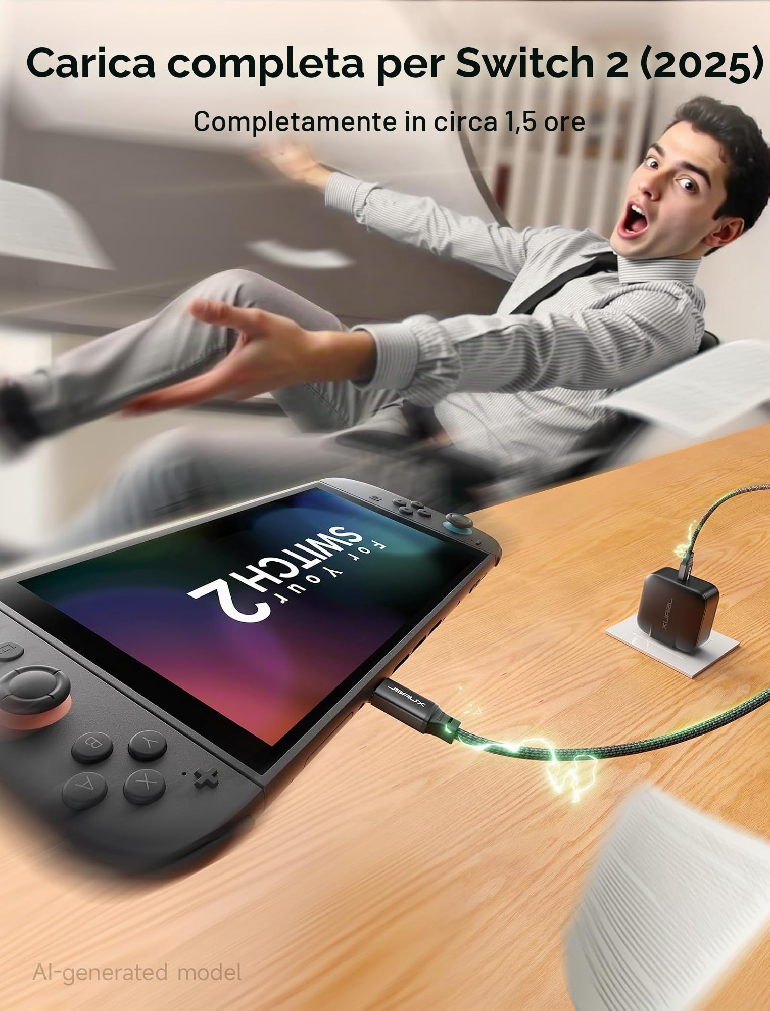 JSAUX Caricatore USB C da 65W per Nintendo Switch 2, alimenta in modalità TV, con spine EU/UK e cavo da 2 m, ricarica rapida per console, smartphone, tablet e laptop – Nero
