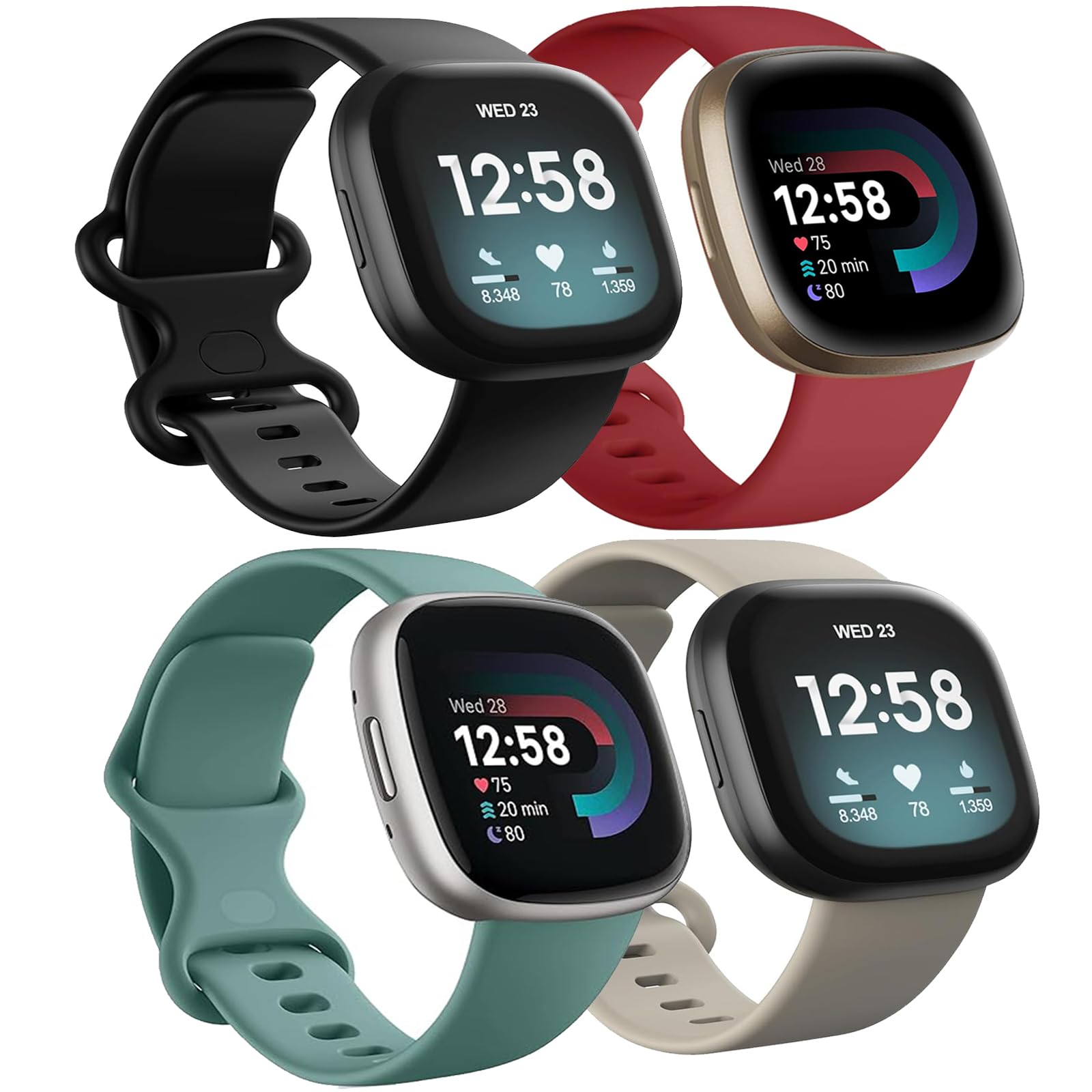 Newremote 4 Pack Waterproof Straps fit for Fitbit Versa 4 / Versa 3 / Sense 2 / Sense Straps, Classic Soft Sports Replacement Strap for Women Men (Black/Red/Green/Starlight, Large 7.1''-8.7'')