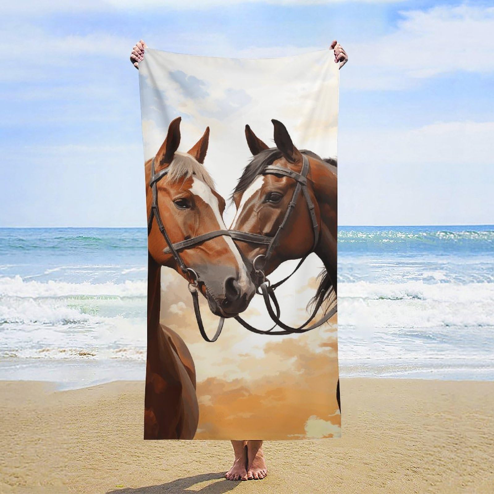 NTVOWPZO Couple Horse Beach Towel Oversized Microfiber Bath Towels Lightweight Sand Proof Beach Towels Absorbent Pool Towels for Swimming Yoga Bathroom Towel 31.5" X 63"