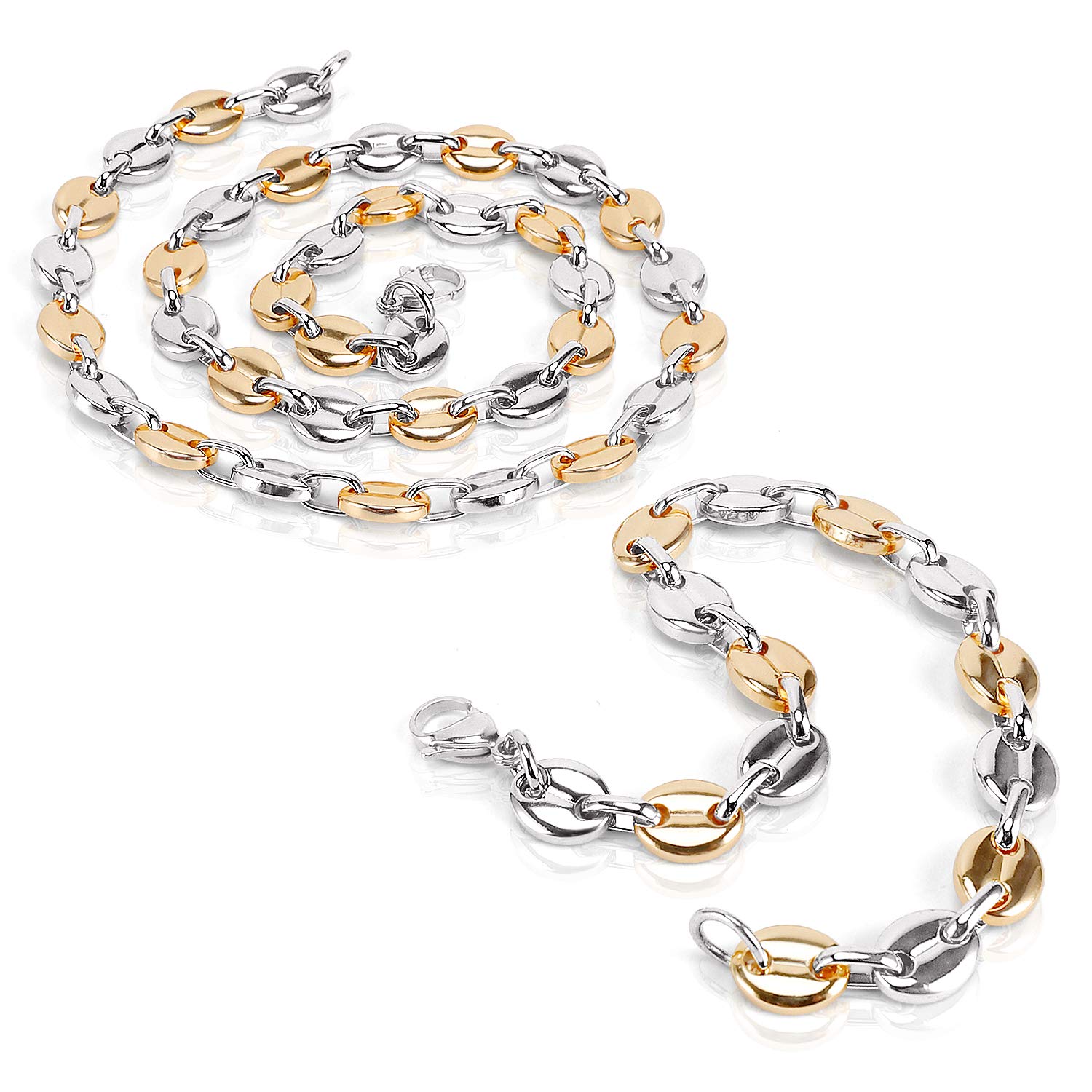 AURSTORE Parure Bracelet ET Chaine Homme Acier INOX Massif Grain DEà café Taille Couleurs AU Choix (9mm, Argenté-Or)