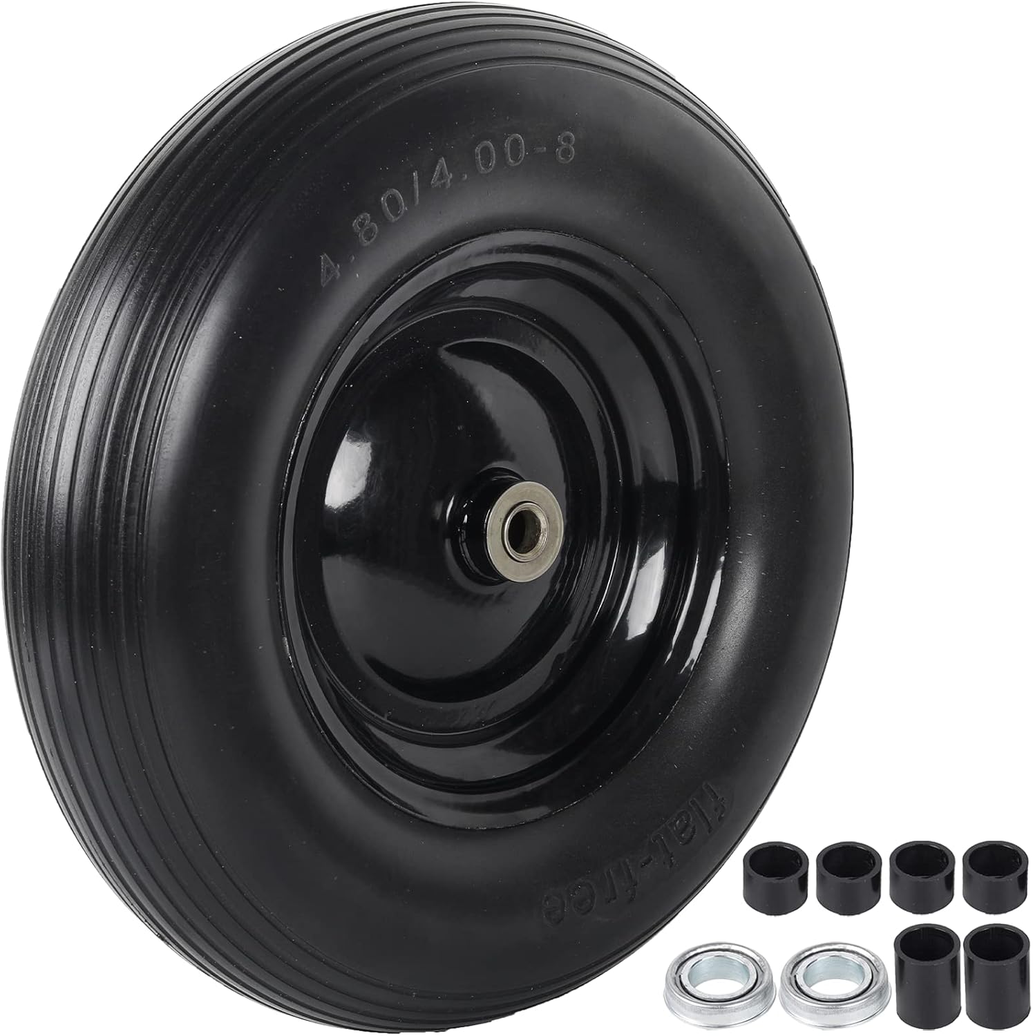 4.80/4.00-8" Flat Free Tire and Wheel - 16 Inch Solid Rubber Wheelbarrow Tires with 5/8" and 3/4" Ball Bearings, 3" Centered Hub (Extra Adapter kit includes Bearing, 1" and 1/2" Nylon Spacers)