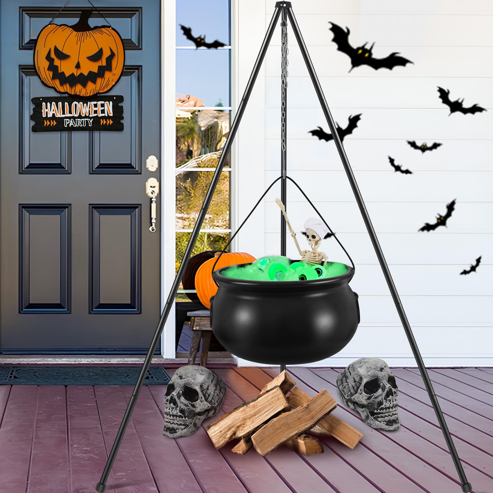 Halloween Decorations Outdoor,Witches Cauldron for Yard Decorations,Halloween Decorations Indoor,Large Witches Cauldron on Tripod with String Lights, Skeleton and Eyeballs Patio Garden Lawn