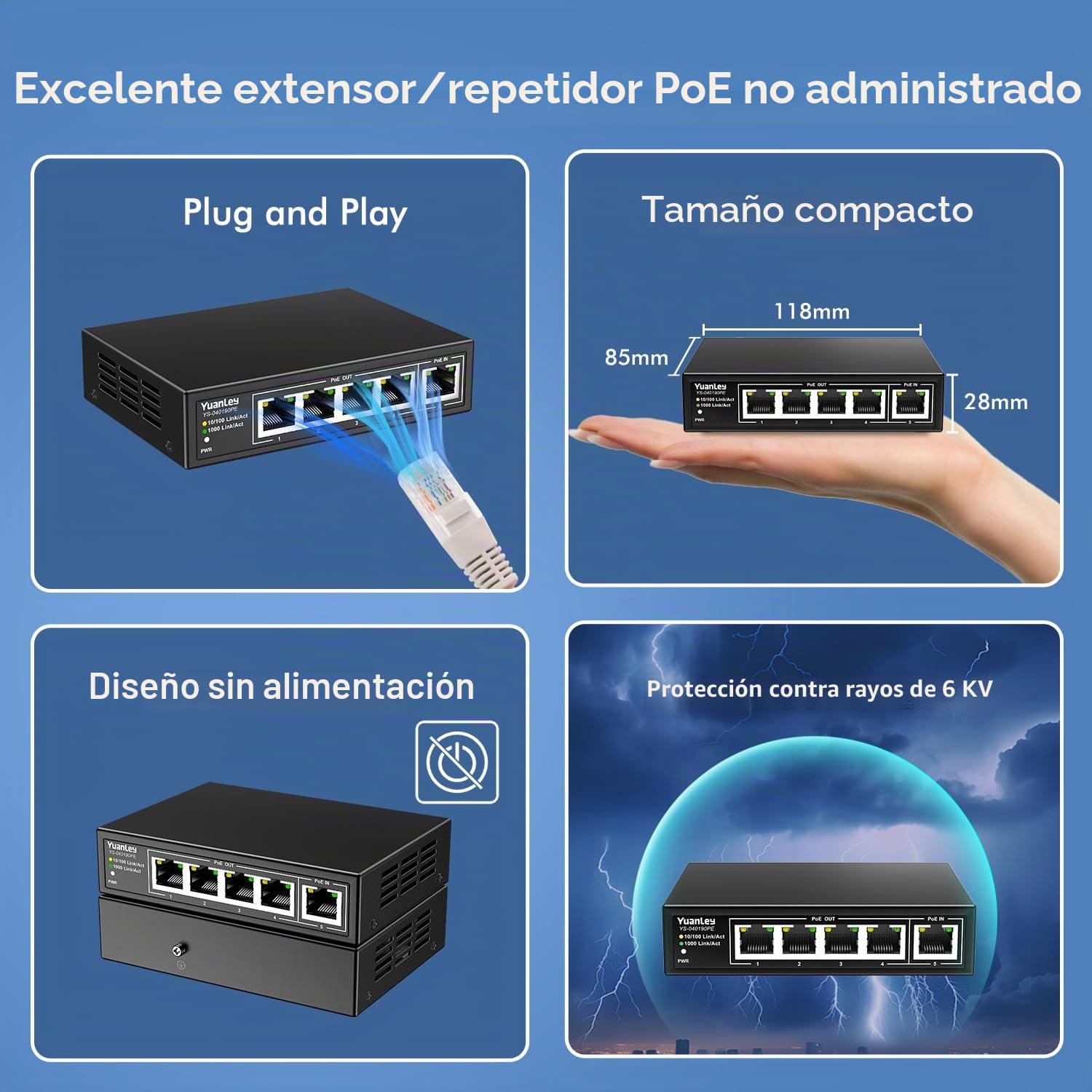 YuanLey Extensor PoE Gigabit de 5 Puertos con 4 Salidas, IEEE 802.3af/at/BT Mini Repetidor de 5 Canales 1000Mbps, Metálico, Protección contra Rayos de 6KV, Escritorio, Switch Passthrough