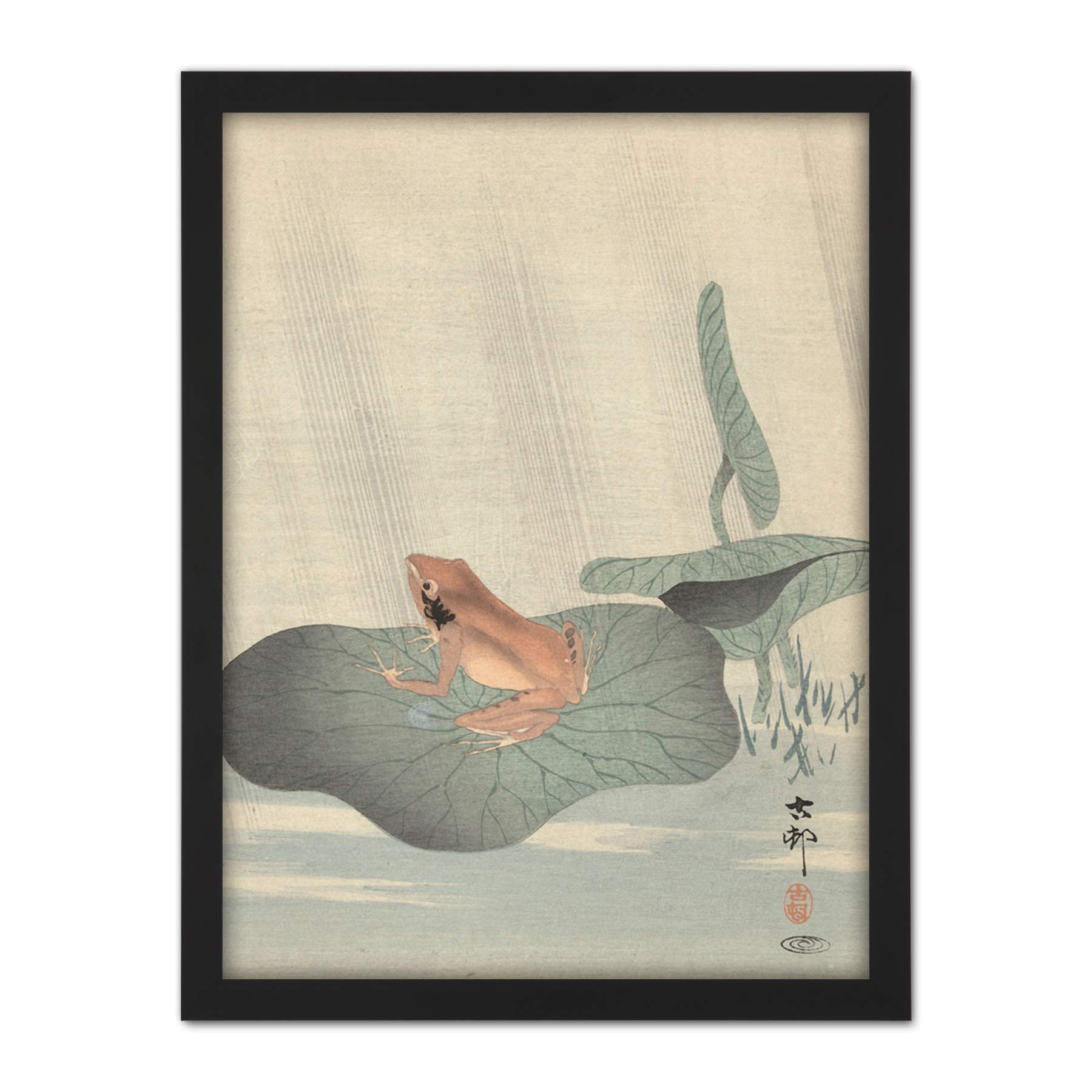 Artery8 Ohara Koson Frog Lotus Leaf Pond Japanese Painting Artwork Framed Wall Art Print 18X24 Inch