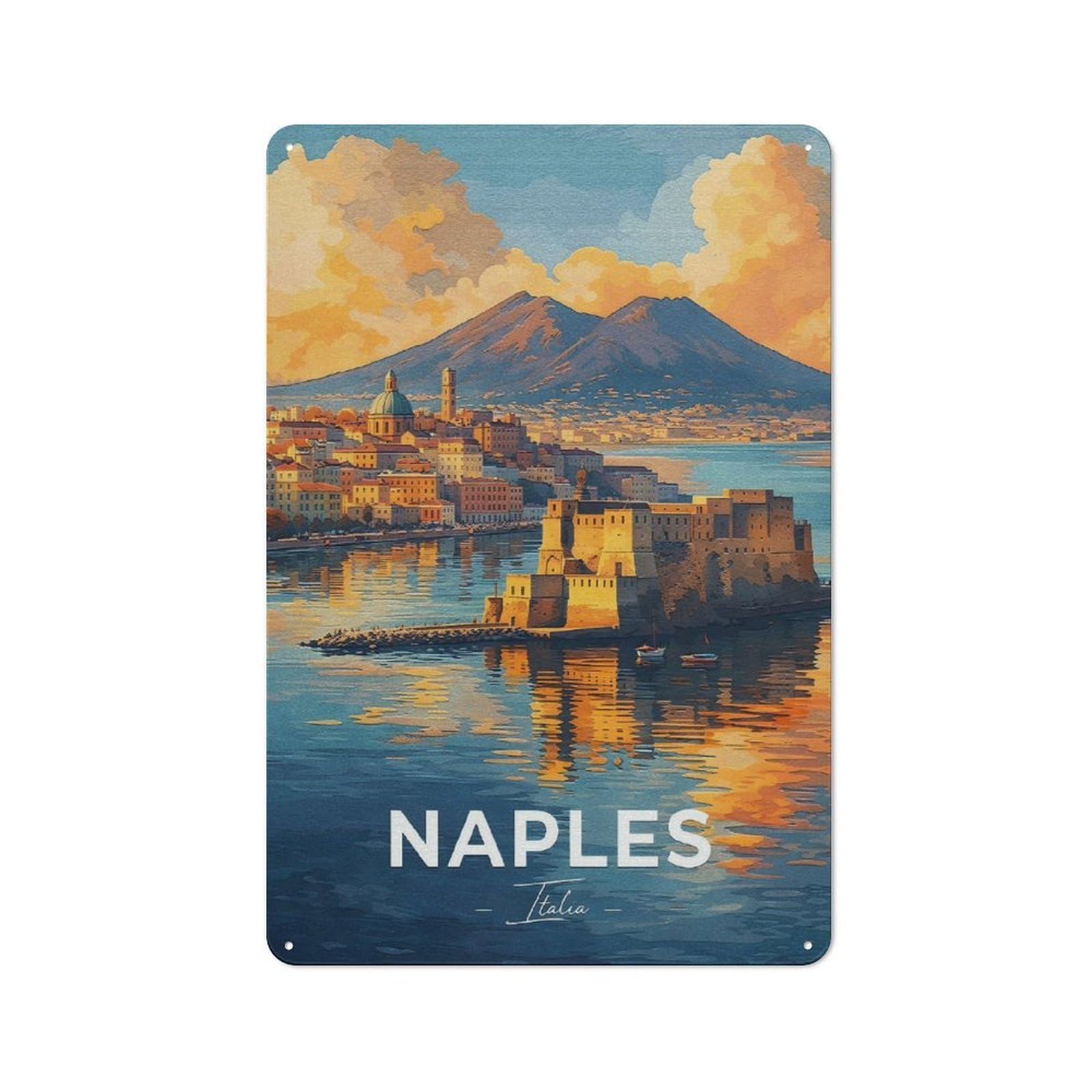 Junmoney Style-20 Naples Italy Cityscape With Mount Vesuvius Retro Metal Sign 30X20cm For Garage Or Workshop, With Clear Retro Wall Decor Character