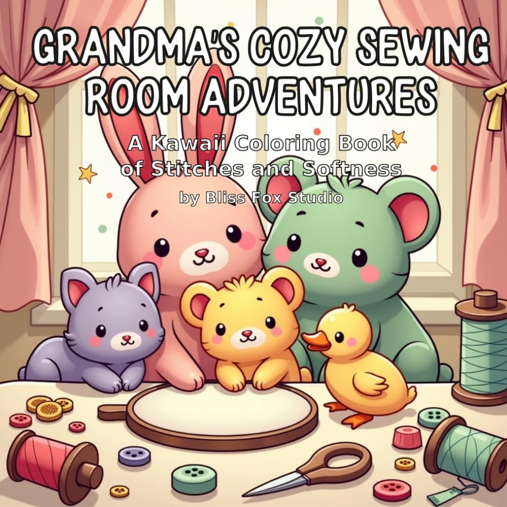 Grandma's Cozy Sewing Room Adventures: A Kawaii Coloring Book of Stitches and Softness