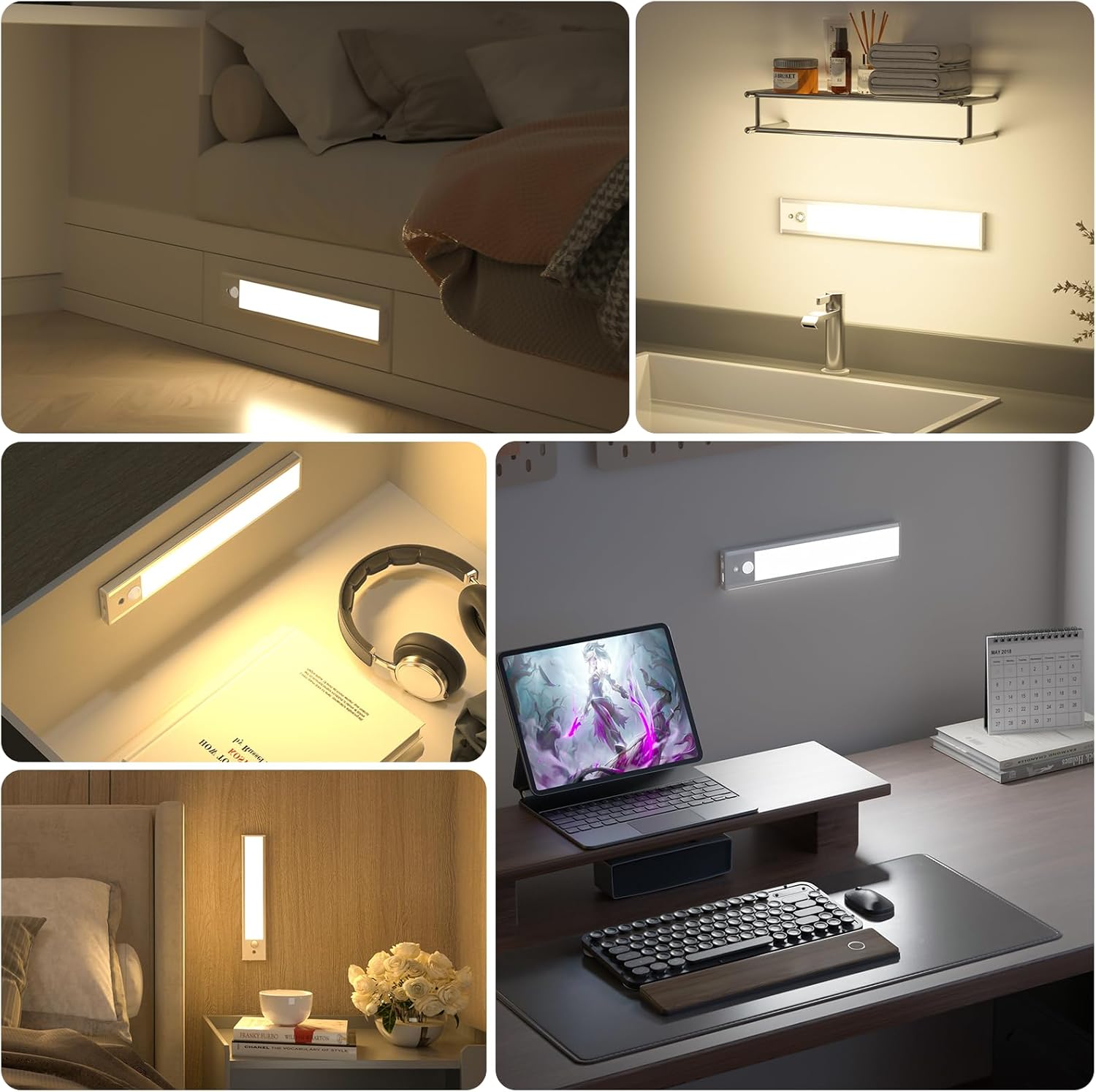 Under Cabinet Lights Motion Sensor 3 Color Temperatures LED Closet Light, USB-C Rechargeable Under Counter Lights Night Light for Kitchen, Wardrobe (Silver - 3 Color Remote, 8.07 Inch - 3 Pack)