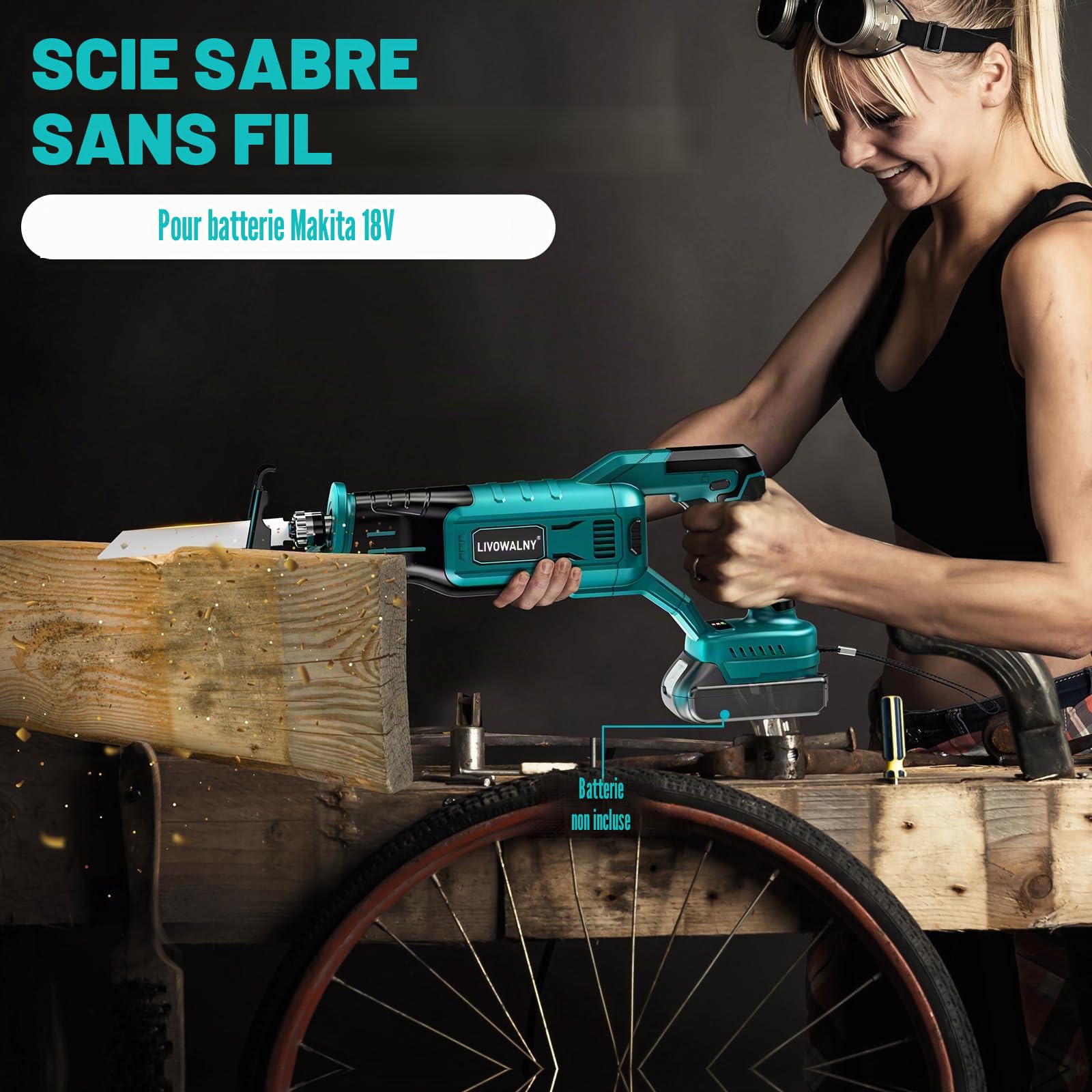 LIVOWALNY Scie Sabre Sans Fil Compatible avec Makita 18V, Moteur Brushless, 3200 cps/min, 3 Vitesses, Changement de Lame Sans Outil, LED, 4 Lames Bois/Métal/PVC(Outils Uniquement)-Bleu