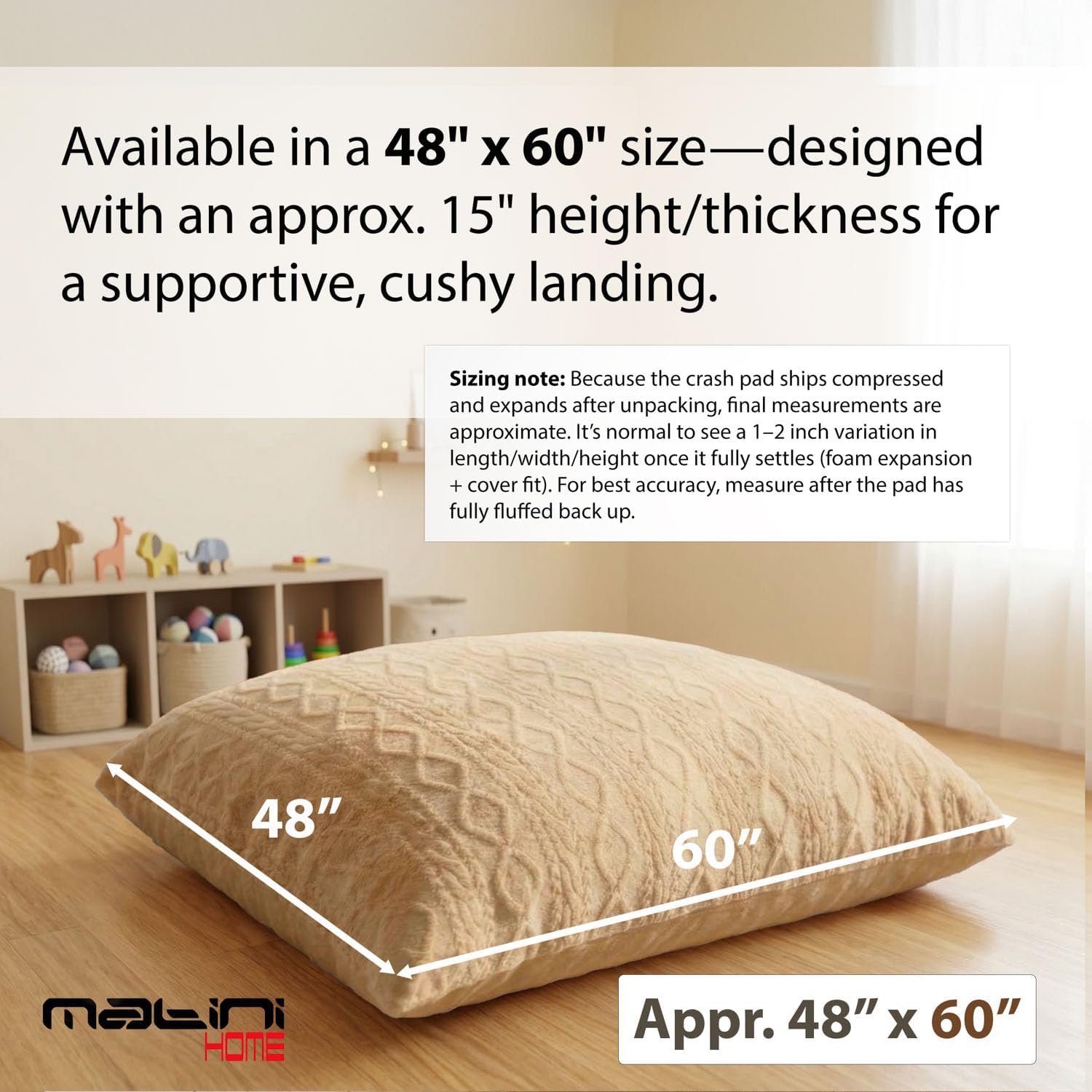 Matini Home Crash Pad 48" X 60" - Sensory Pad with Cover Foam Blocks for Kids and Adults, Ideal Gymnastics Equipment to Jump, Play or Relax - Beige