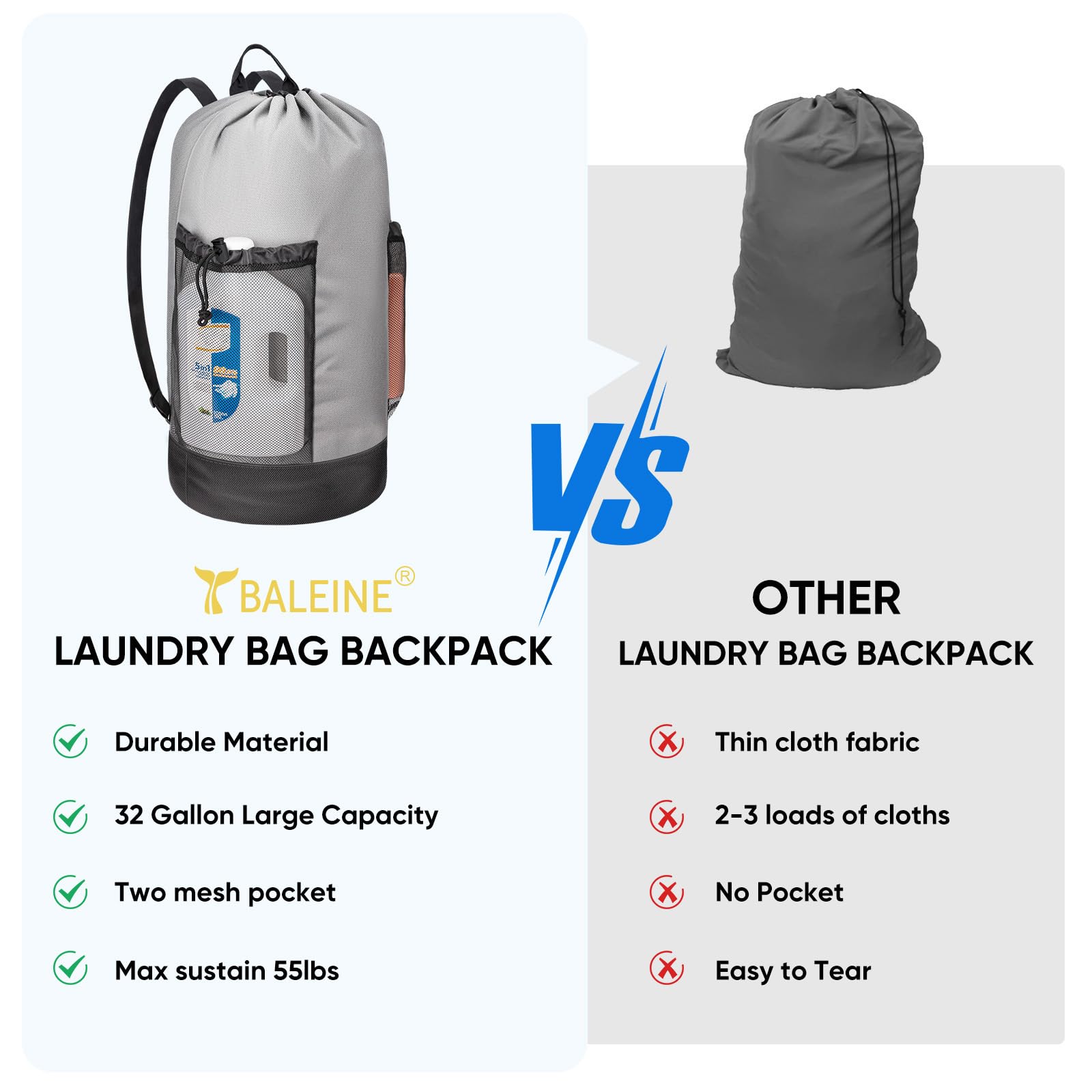 BALEINE Mochila de lavandería de 120 L, tela Oxford 600D, bolsas de lavandería con correas para los hombros y 2 bolsillos de malla