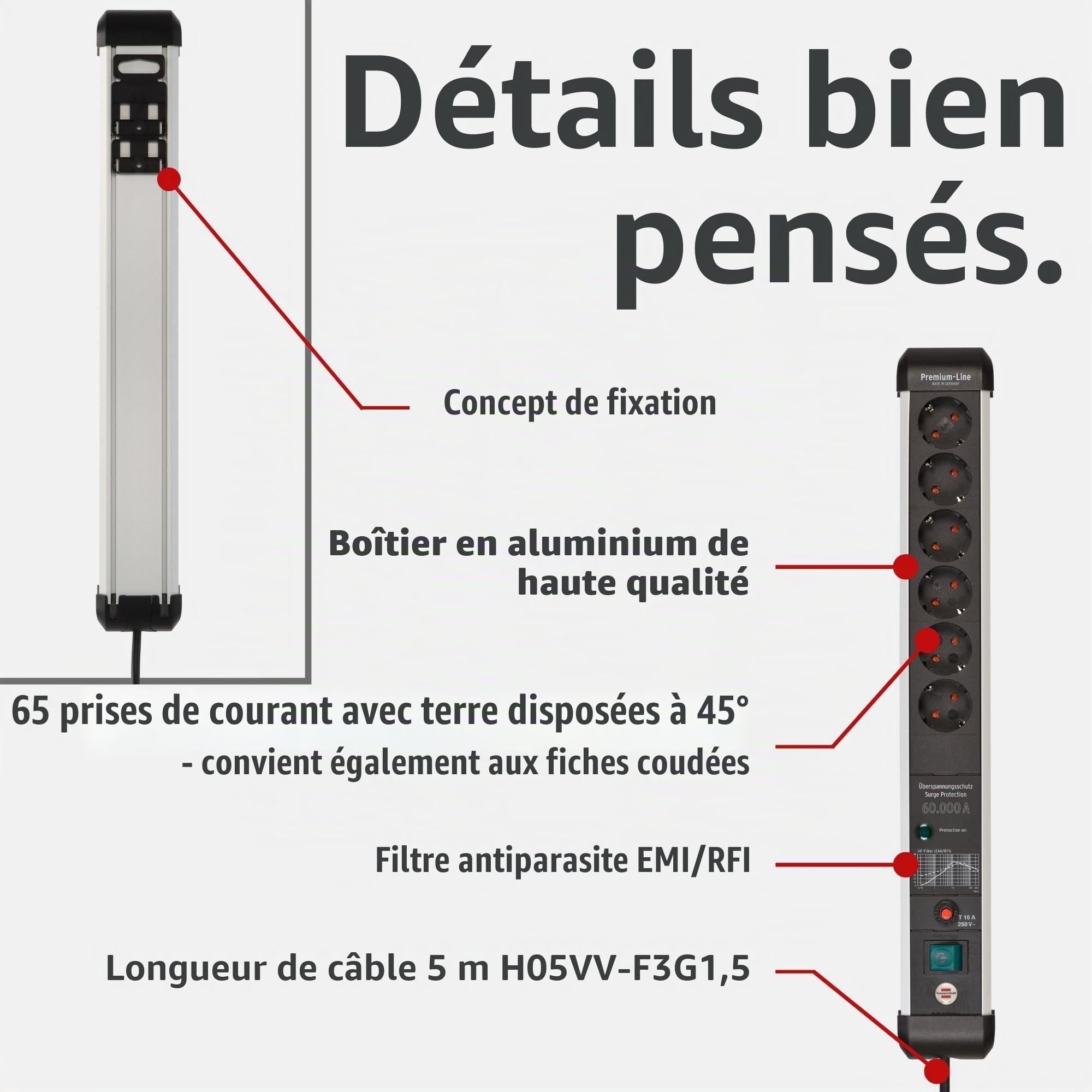 Brennenstuhl Premium-Protect-Line Multiprise 6 Prises avec parasurtenseur 60 000 A (multiprise avec Interrupteur et câble de 5 m, fabriquée en Allemagne) Argenté/Noir