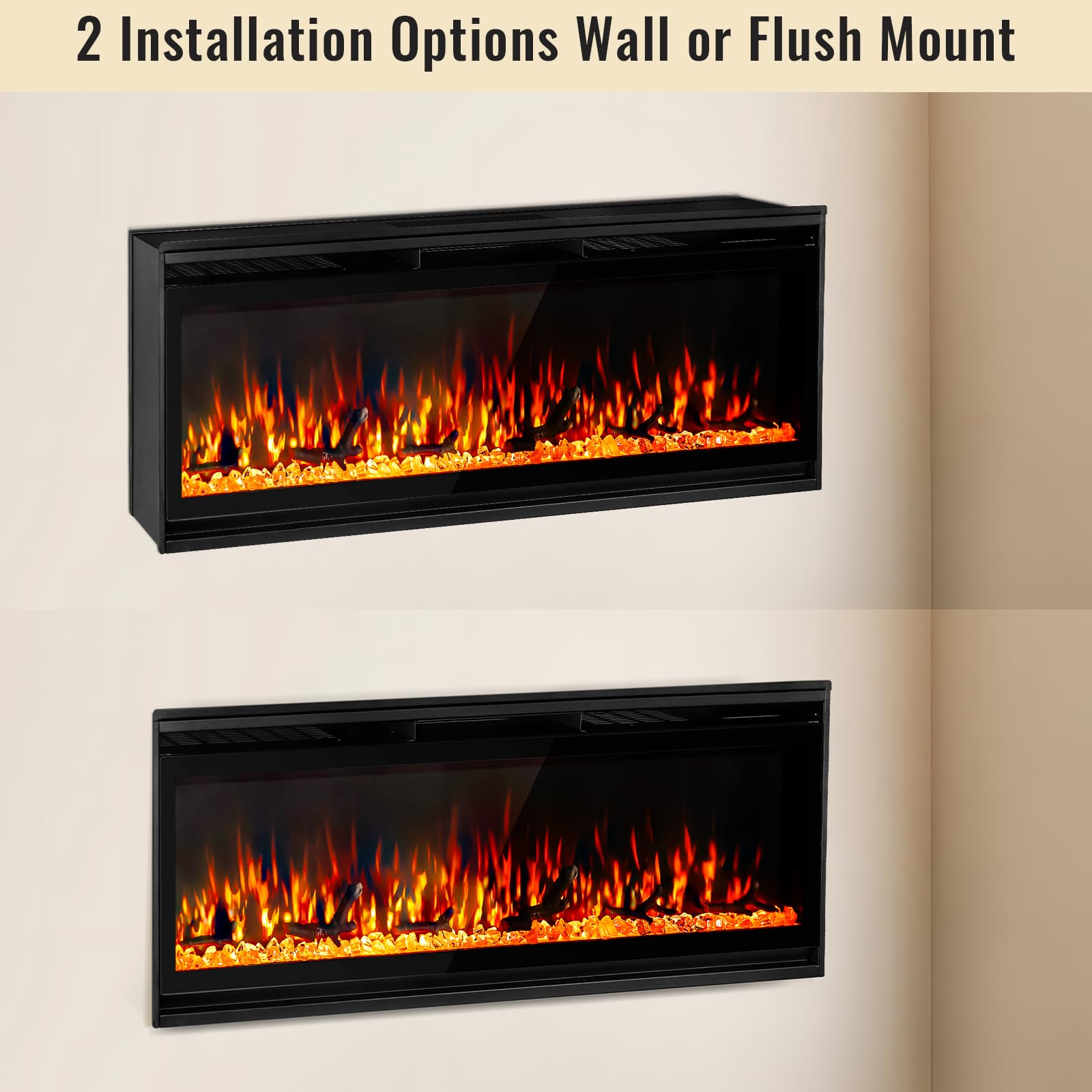 Chimenea eléctrica de 60 pulgadas, chimenea ultrafina montada en la pared con control remoto, llama realista multicolor, pantalla táctil, termostato, temporizador, 750 W/1500 W (tronco y cristal 7
