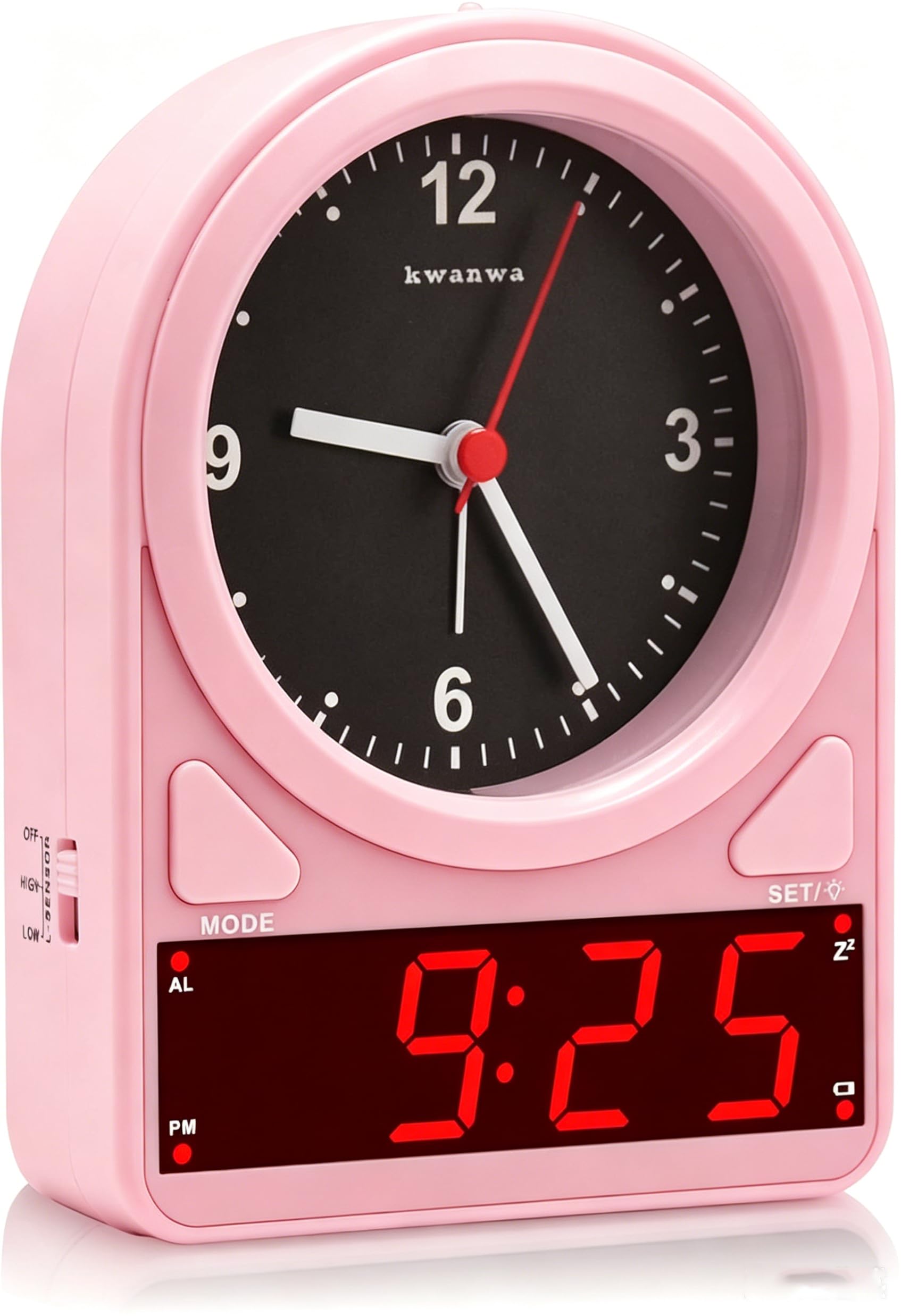 KWANWA Analogue Clock with LED Digital Display – Light Sensor Auto Brightness, 12/24Hr Format, Easy to Set, Snooze, Battery Operated, for Bedroom, Desk, Office (Pink-Red display)