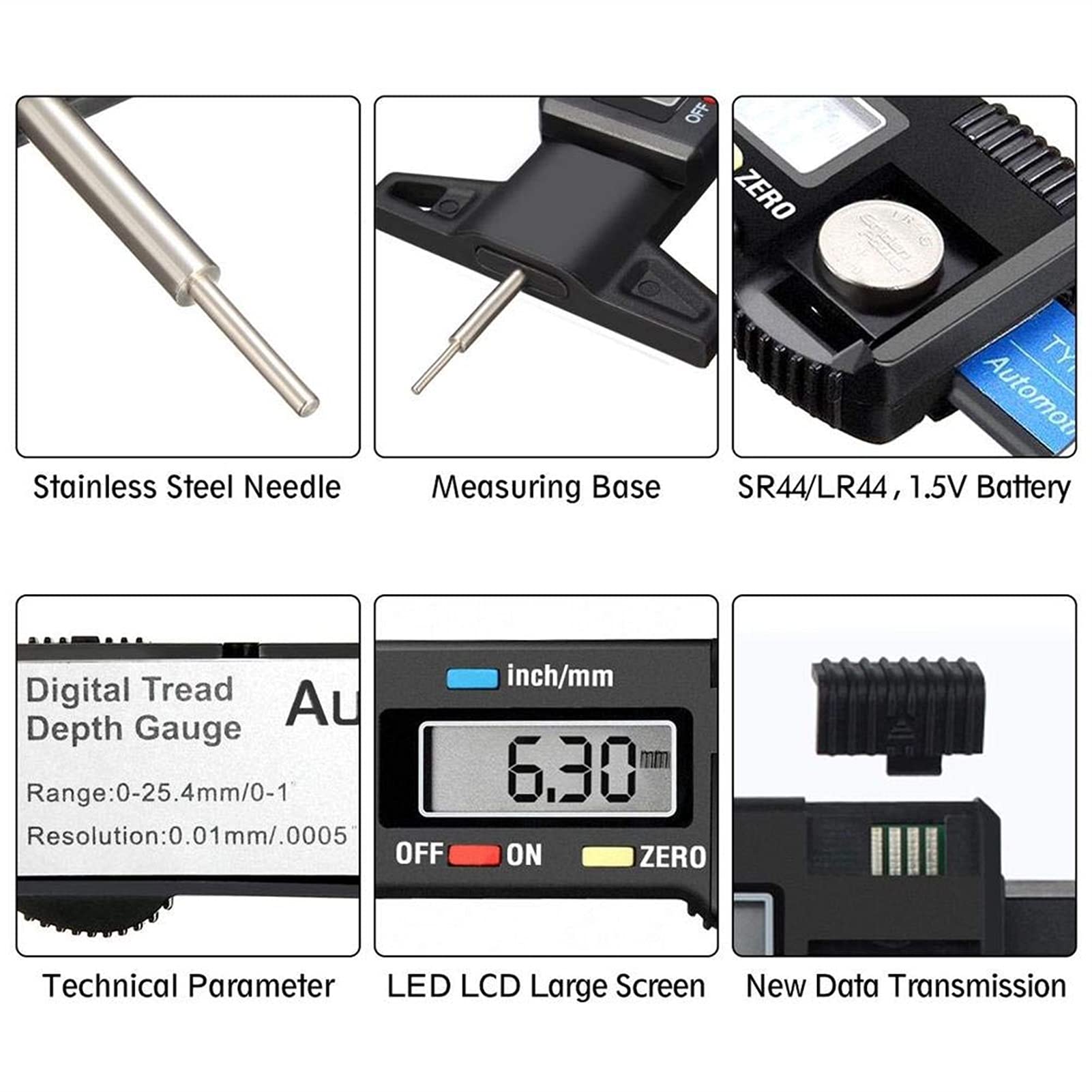 Medidor digital de presión de neumáticos, medidor de profundidad de neumáticos portátil, comprobador de profundidad de banda de rodadura de neumáticos de 0-25,4 mm, medición de profundidad de ne