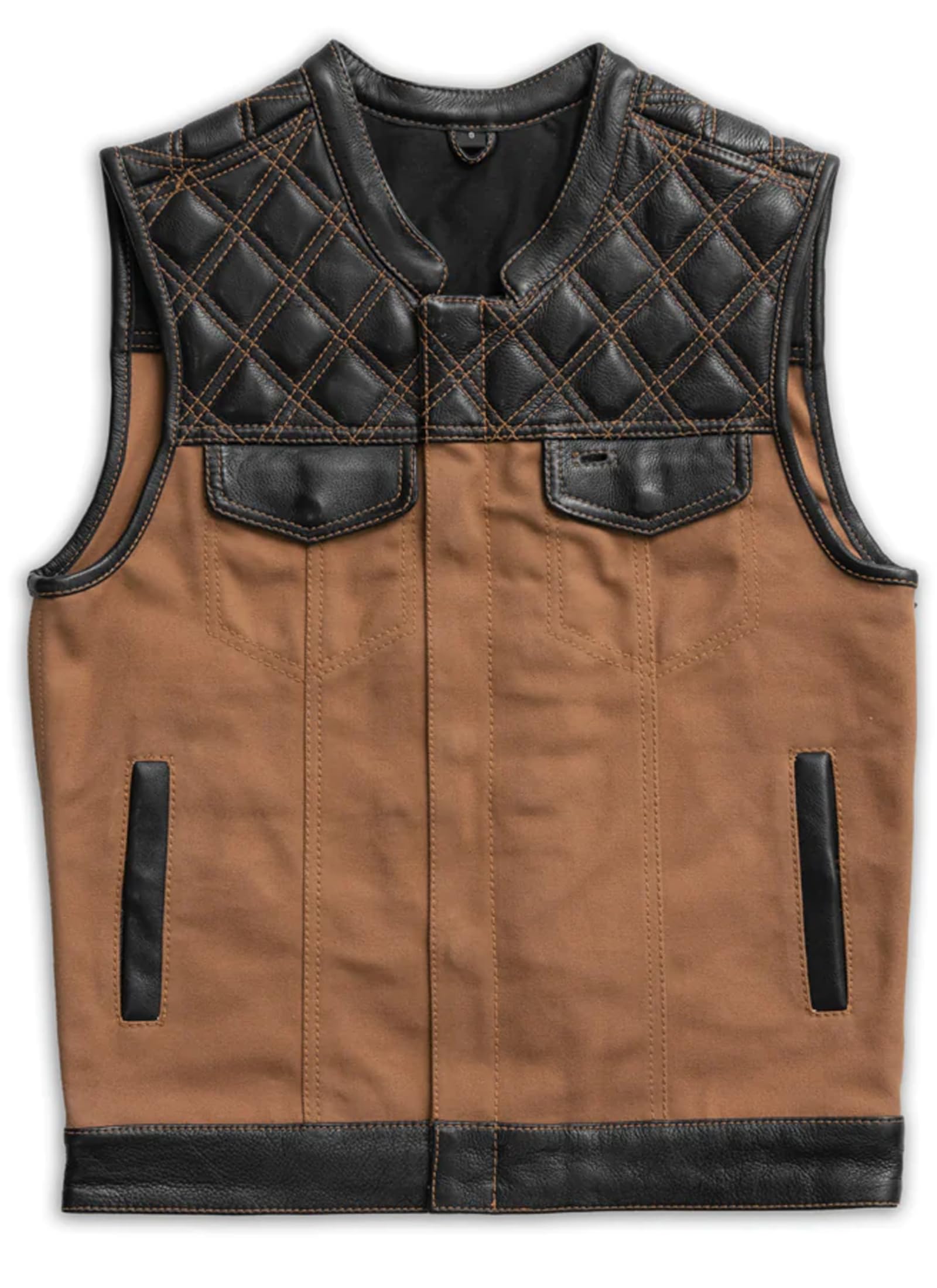 First Mfg Co - Hunt Club - Men's Motorcycle Biker Riding Tan Leather, Canvas Vest - 5X Large - Diamond Quilted Cowhide Leather