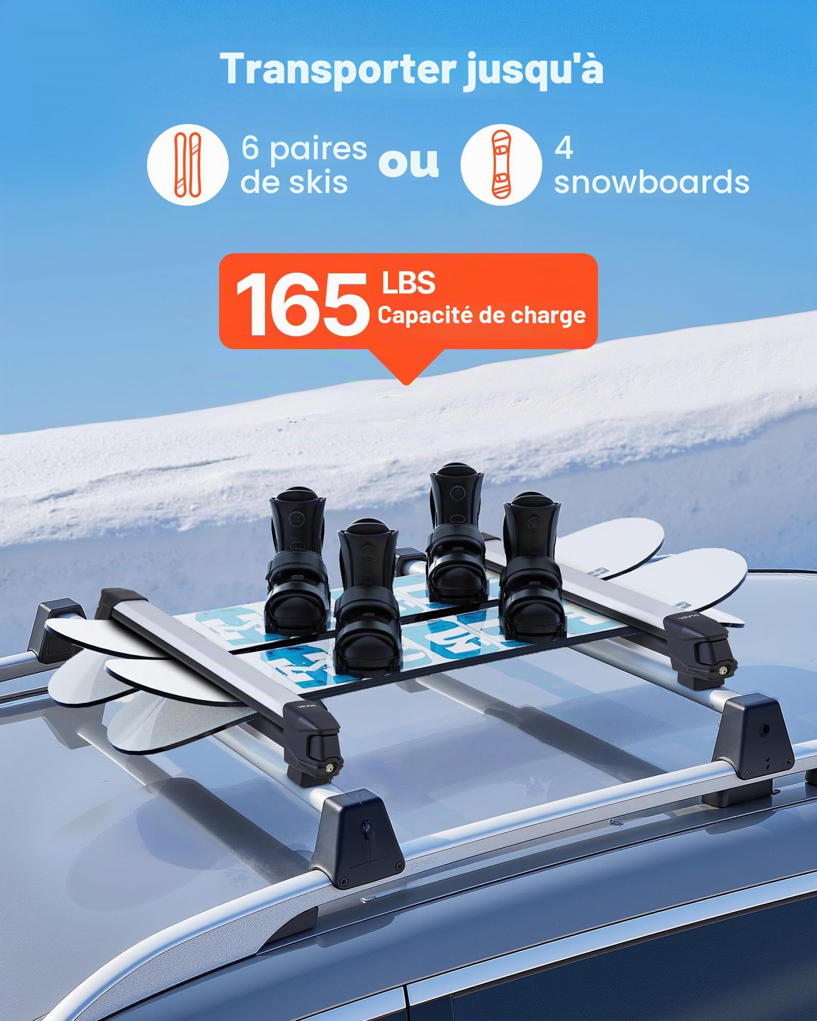 VEVOR Porte-Skis sur Barre de Toit, 2 pcs, Support pour Planche à Neige Universel en Alu avec verrou, pour 6 Paires de Skis ou 4 Planches, Compatible avec la Plupart des Barres transversales à Fentes