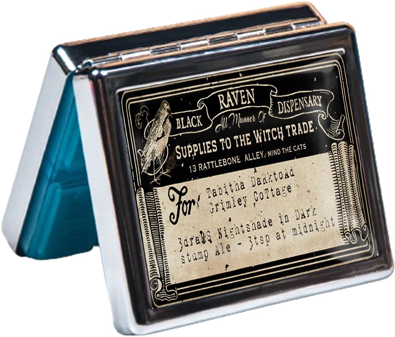 Silver Vintage Pill Box 7 Day Metal Pill Box with Mirror and 8 Compartments Cute Travel Pill Organizer for Purse (Vintage Label)