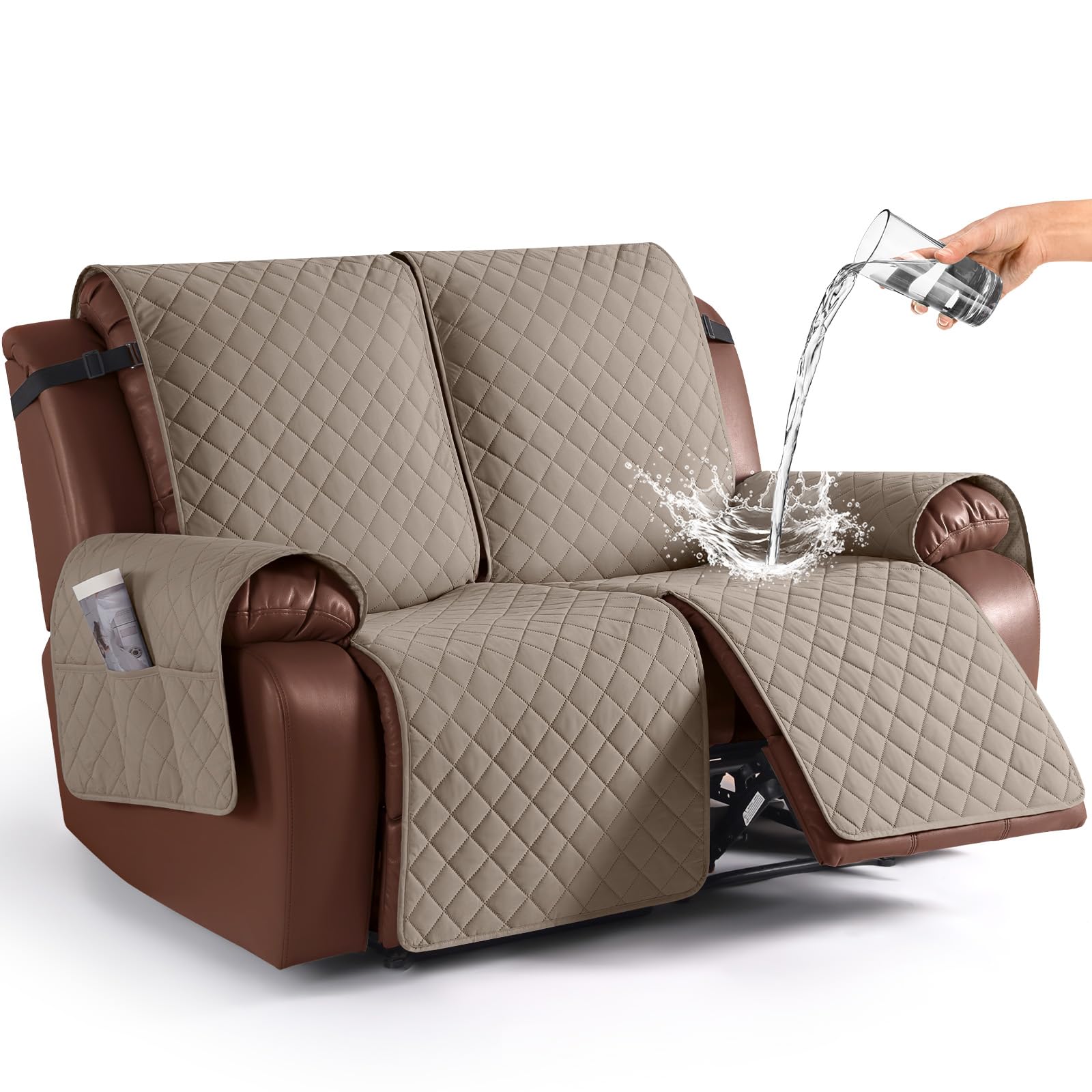 KinCam Waterproof Loveseat Recliner Cover, Non-Slip Reclining Couch Covers for 2 Seat, Recliner Sofa Cover Furniture Protector with Elastic Straps for Kids, Pets, Taupe